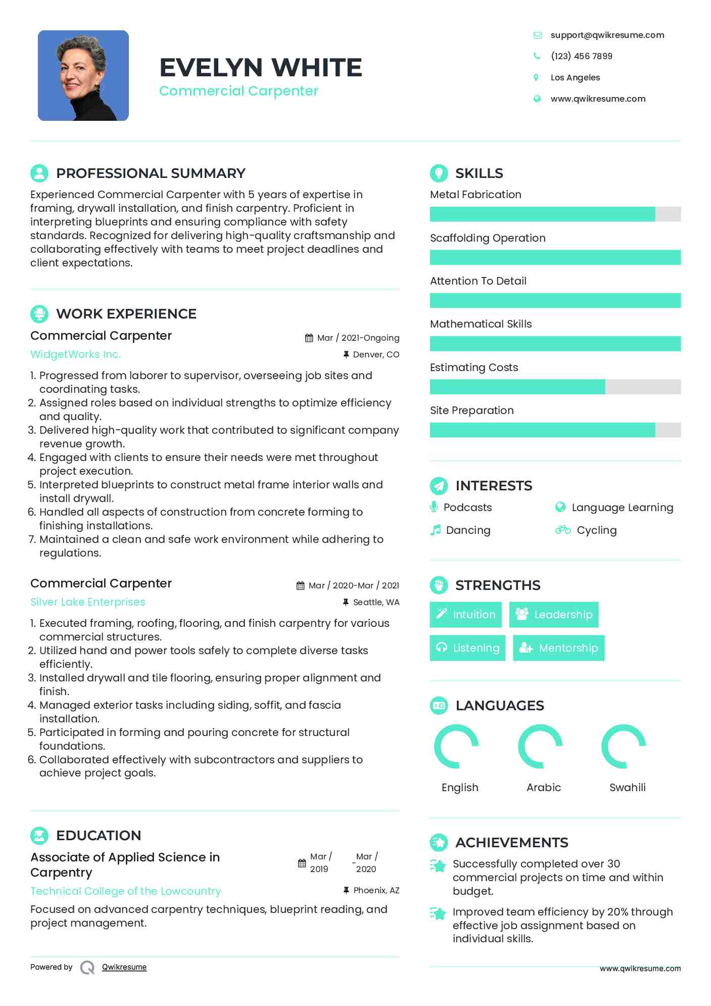 Commercial Carpenter Resume Example