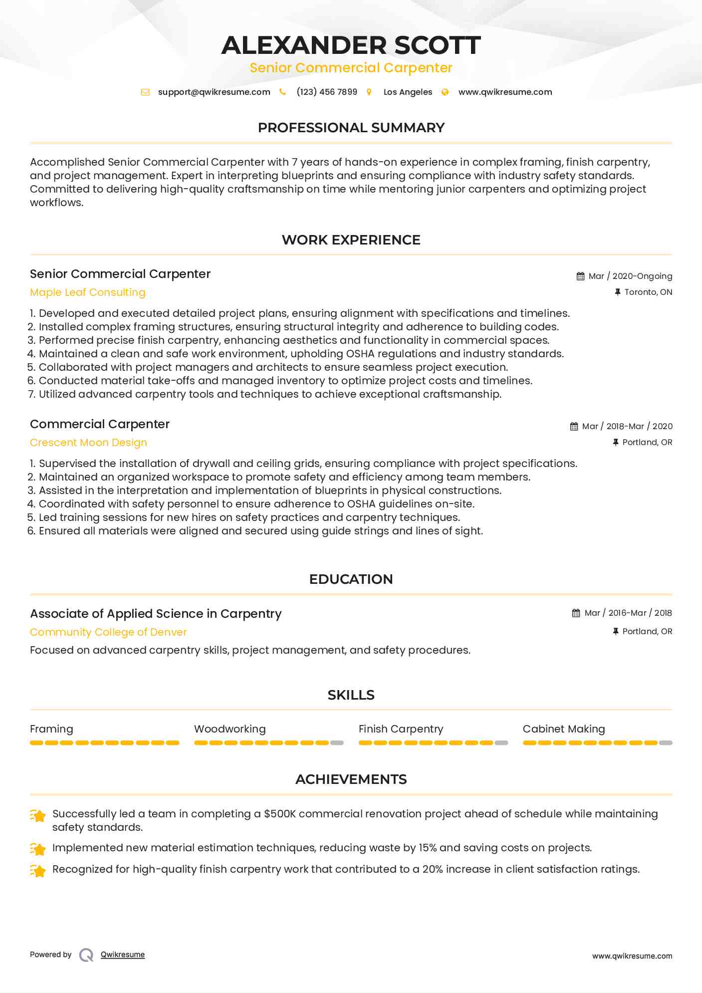 Senior Commercial Carpenter Resume Template