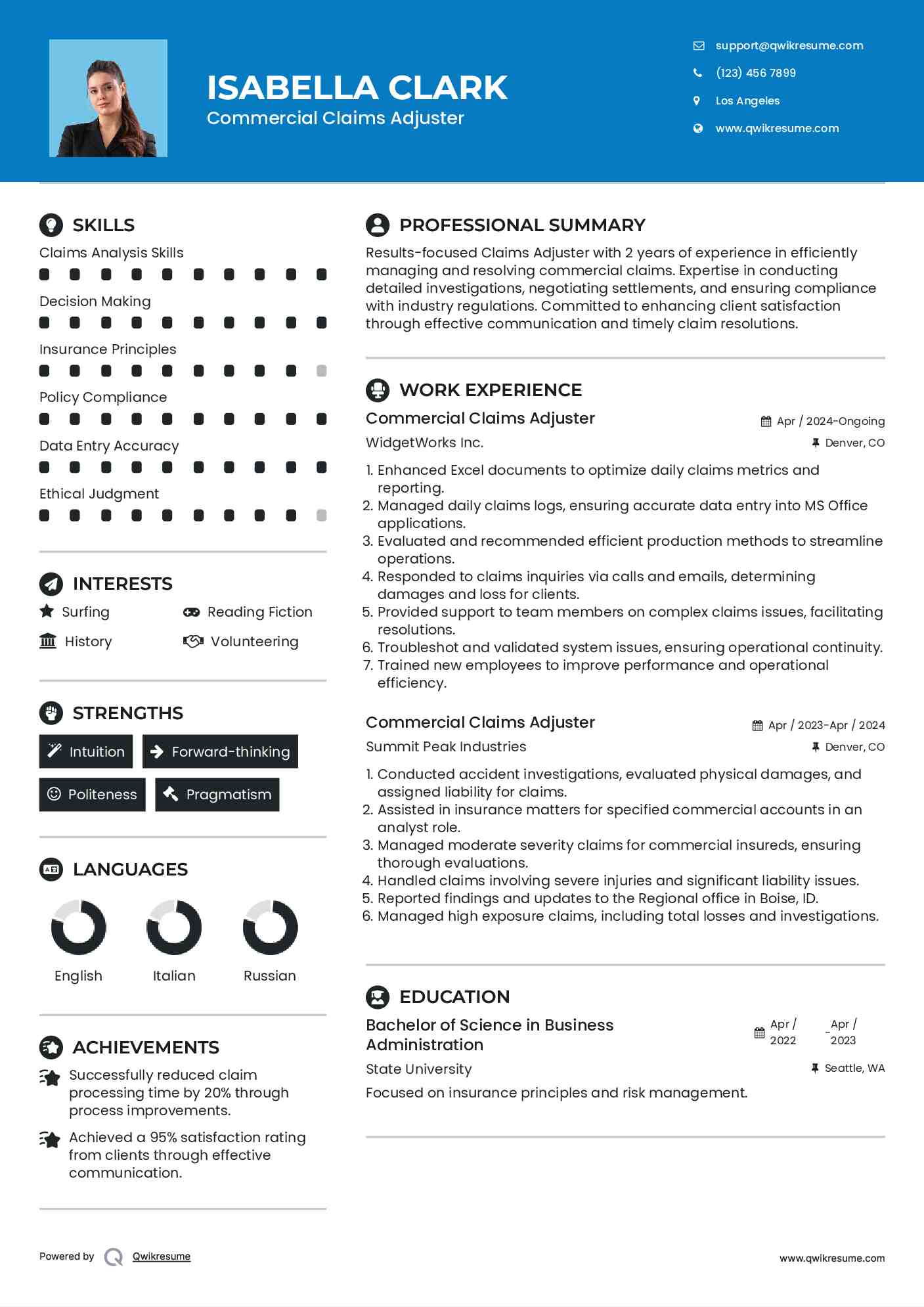 Commercial Claims Adjuster Resume Example