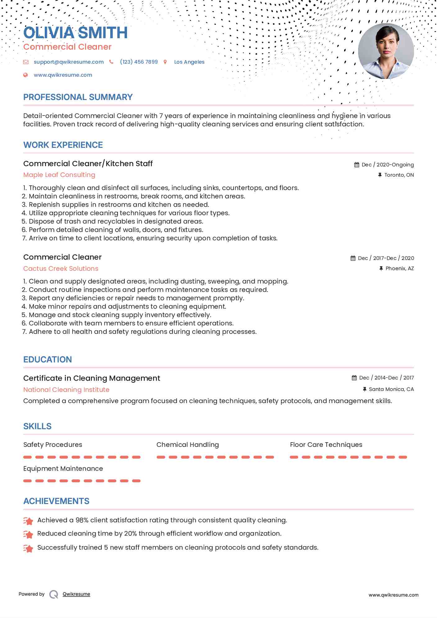 Commercial Cleaner/Kitchen Staff Resume Example