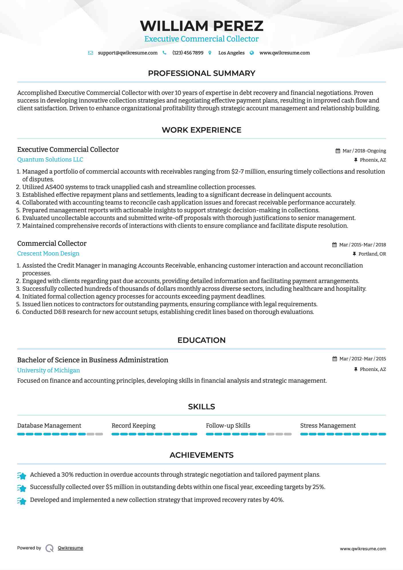 Executive Commercial Collector Resume Template