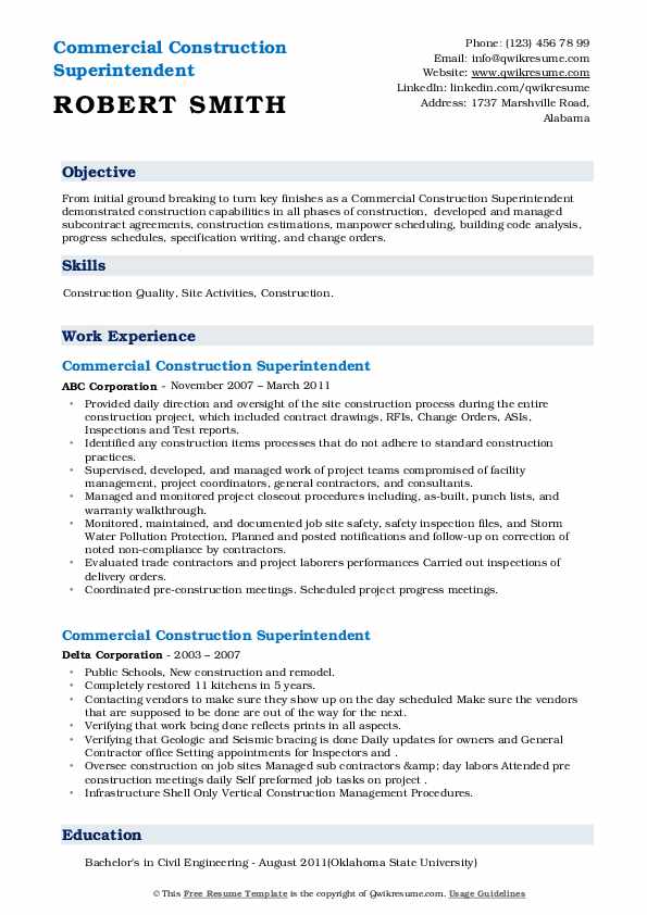 Commercial Construction Superintendent Resume Samples