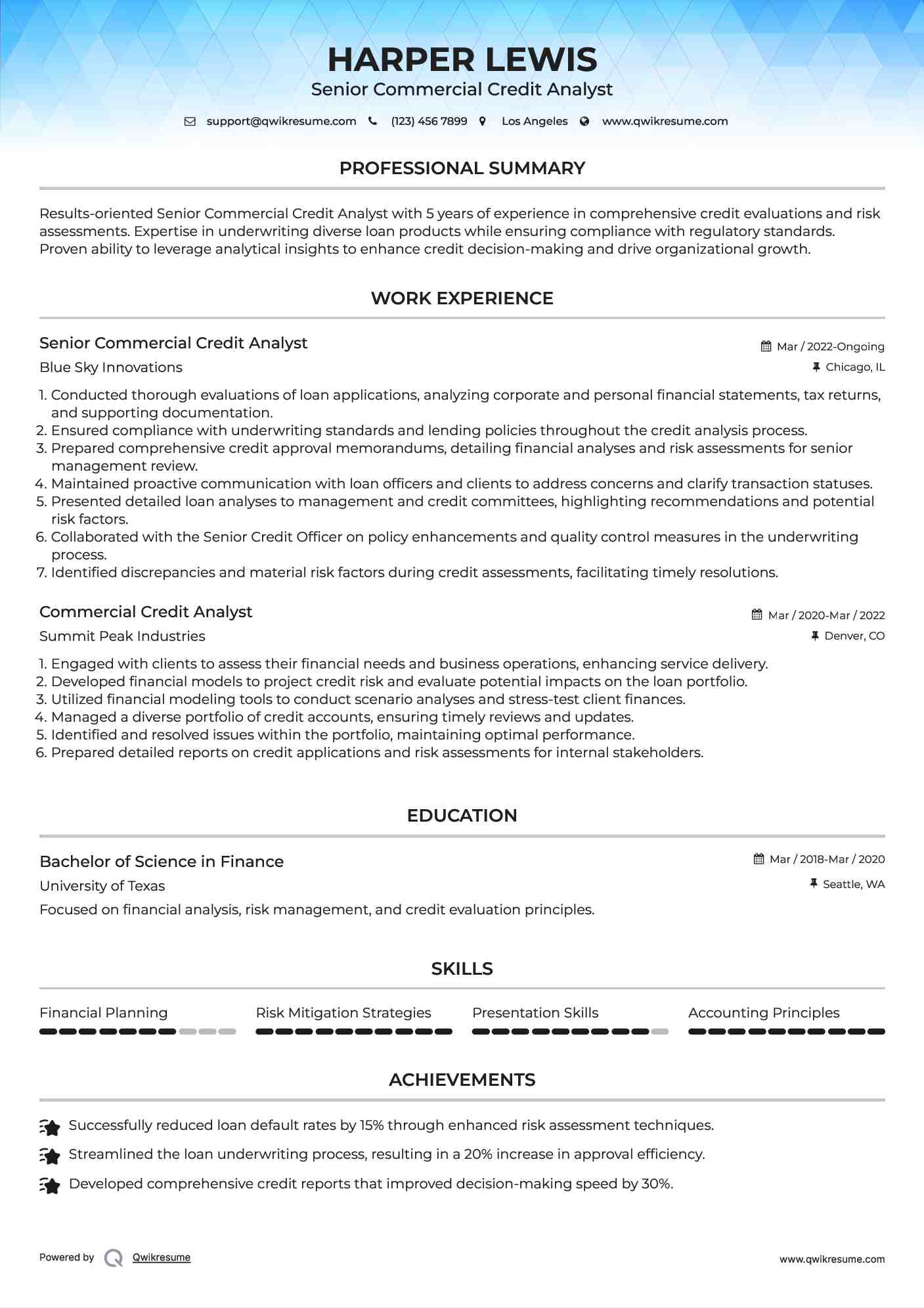 Senior Commercial Credit Analyst Resume Model
