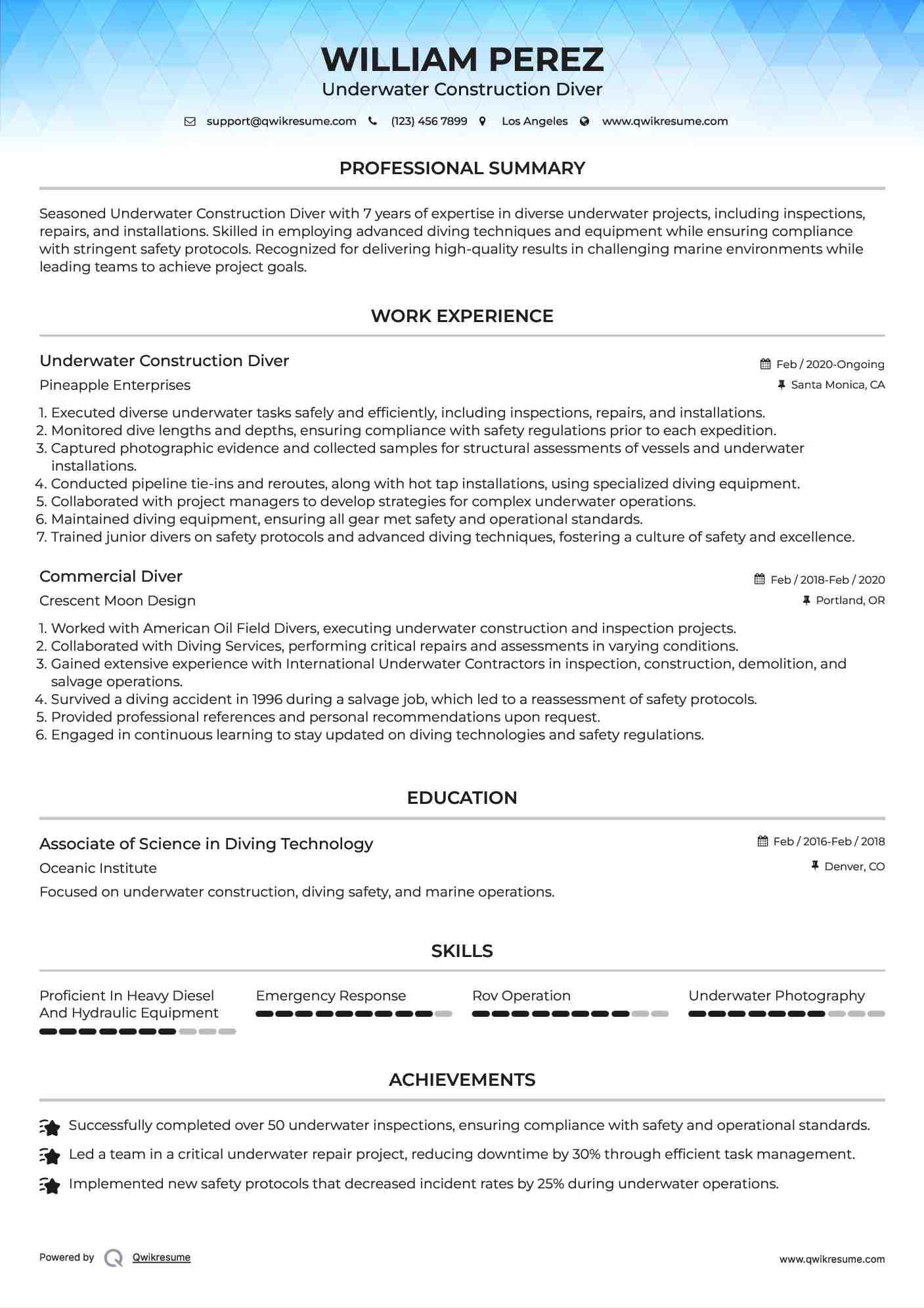 Underwater Construction Diver Resume Example