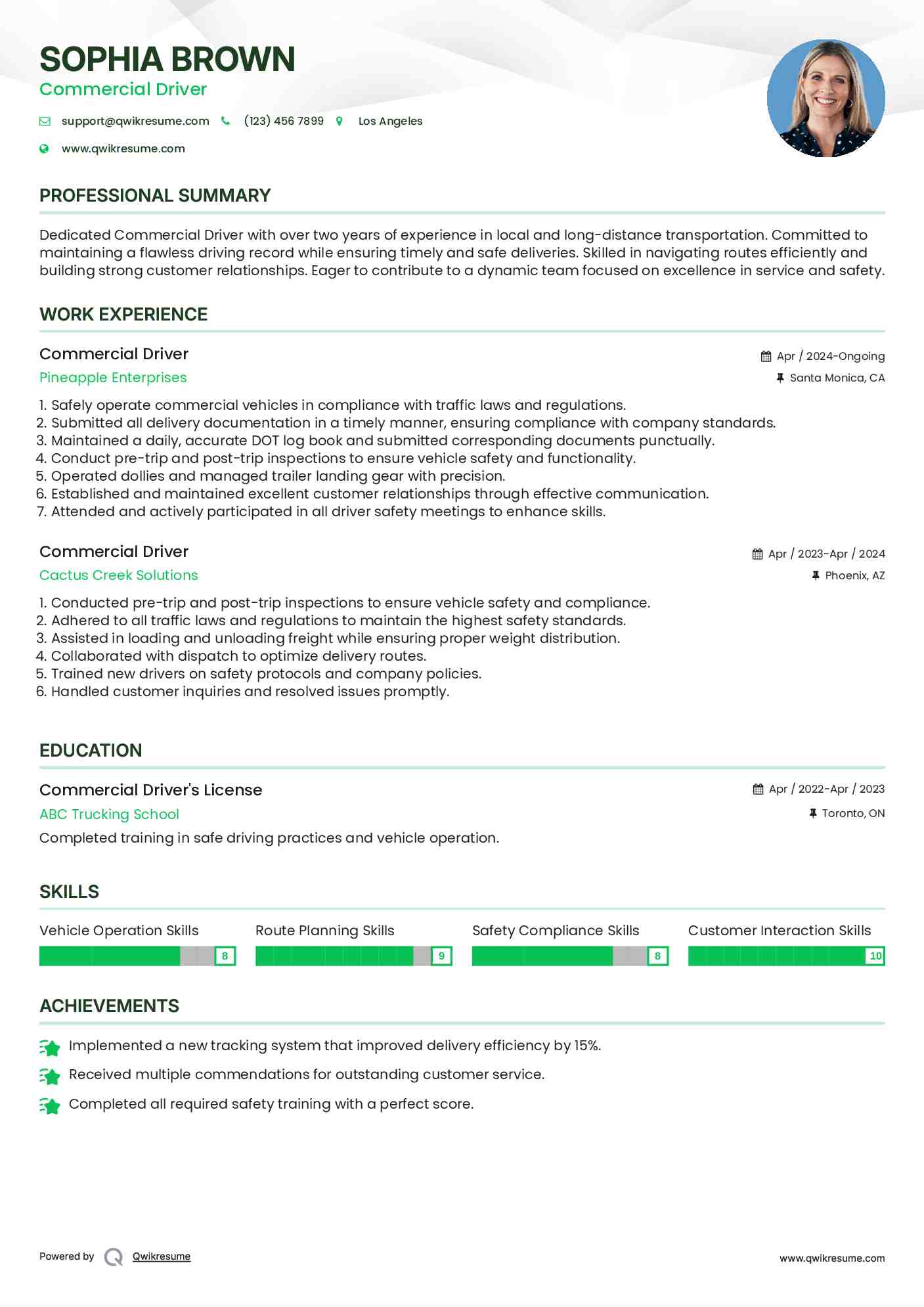 Commercial Driver Resume Model