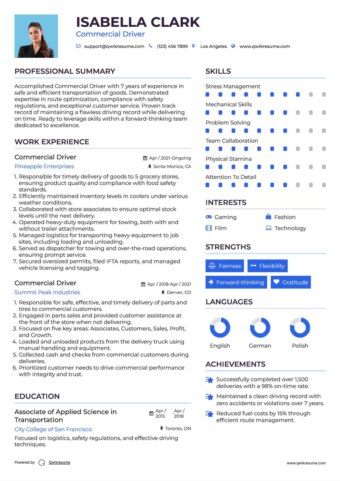 Commercial Driver Resume Example