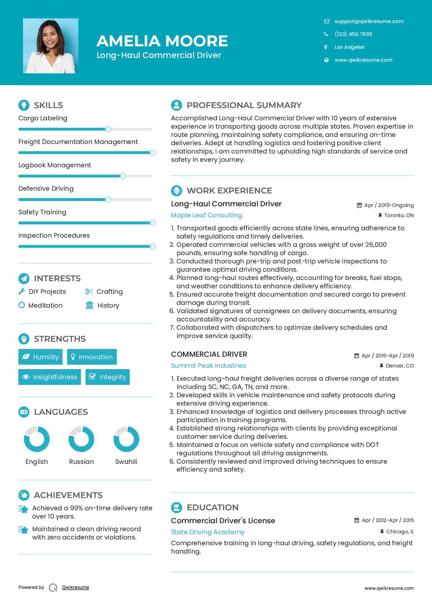 Long-Haul Commercial Driver Resume Format