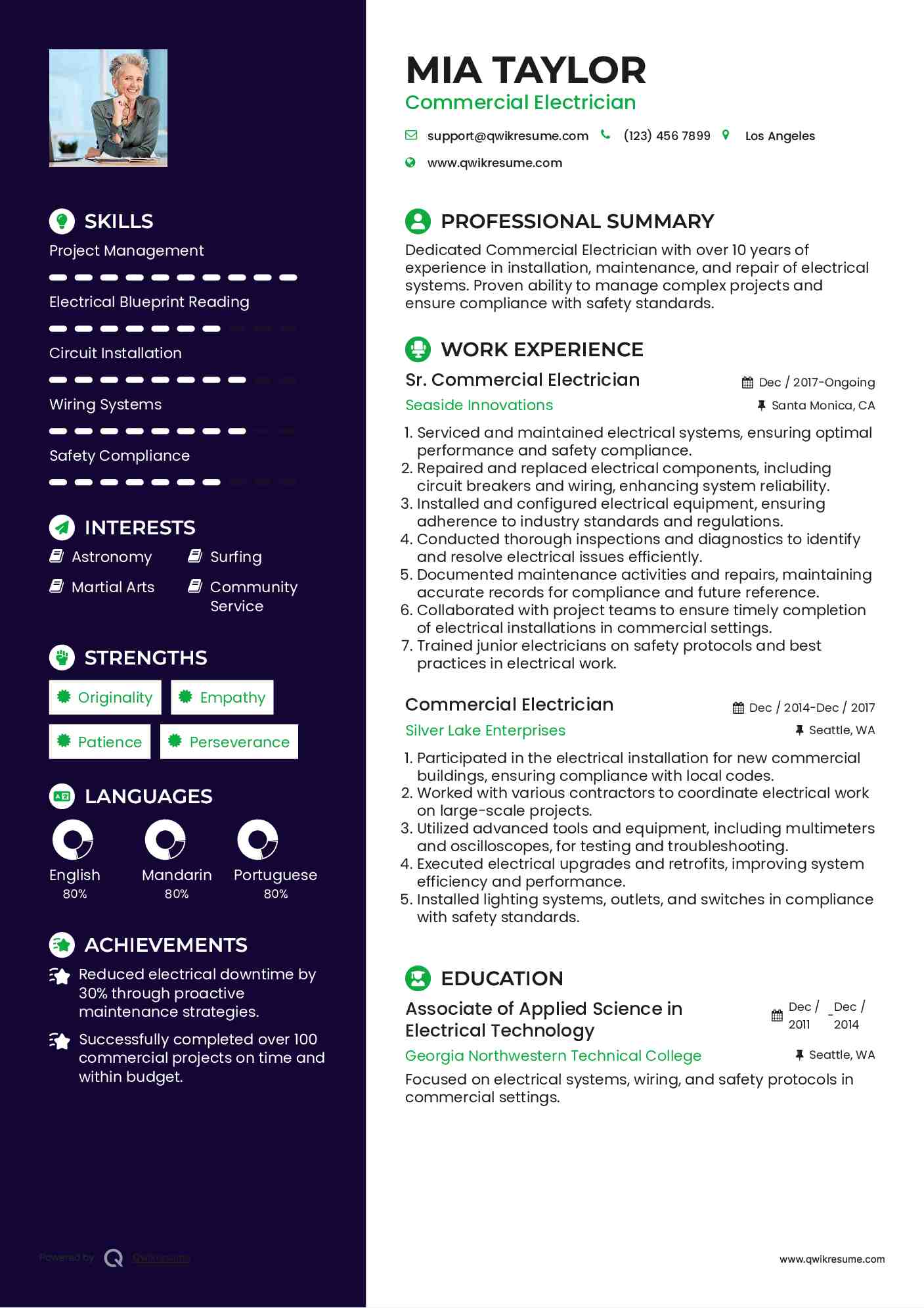 Sr. Commercial Electrician Resume Sample