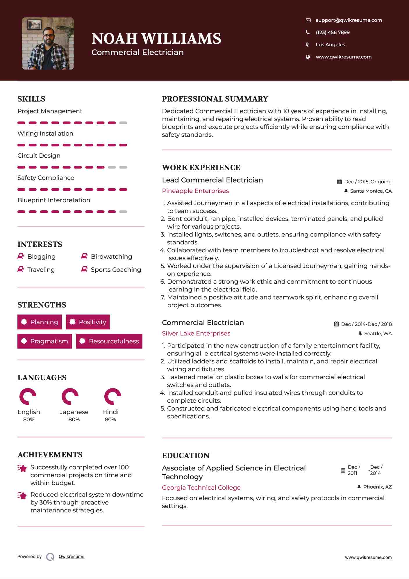 Lead Commercial Electrician Resume Format