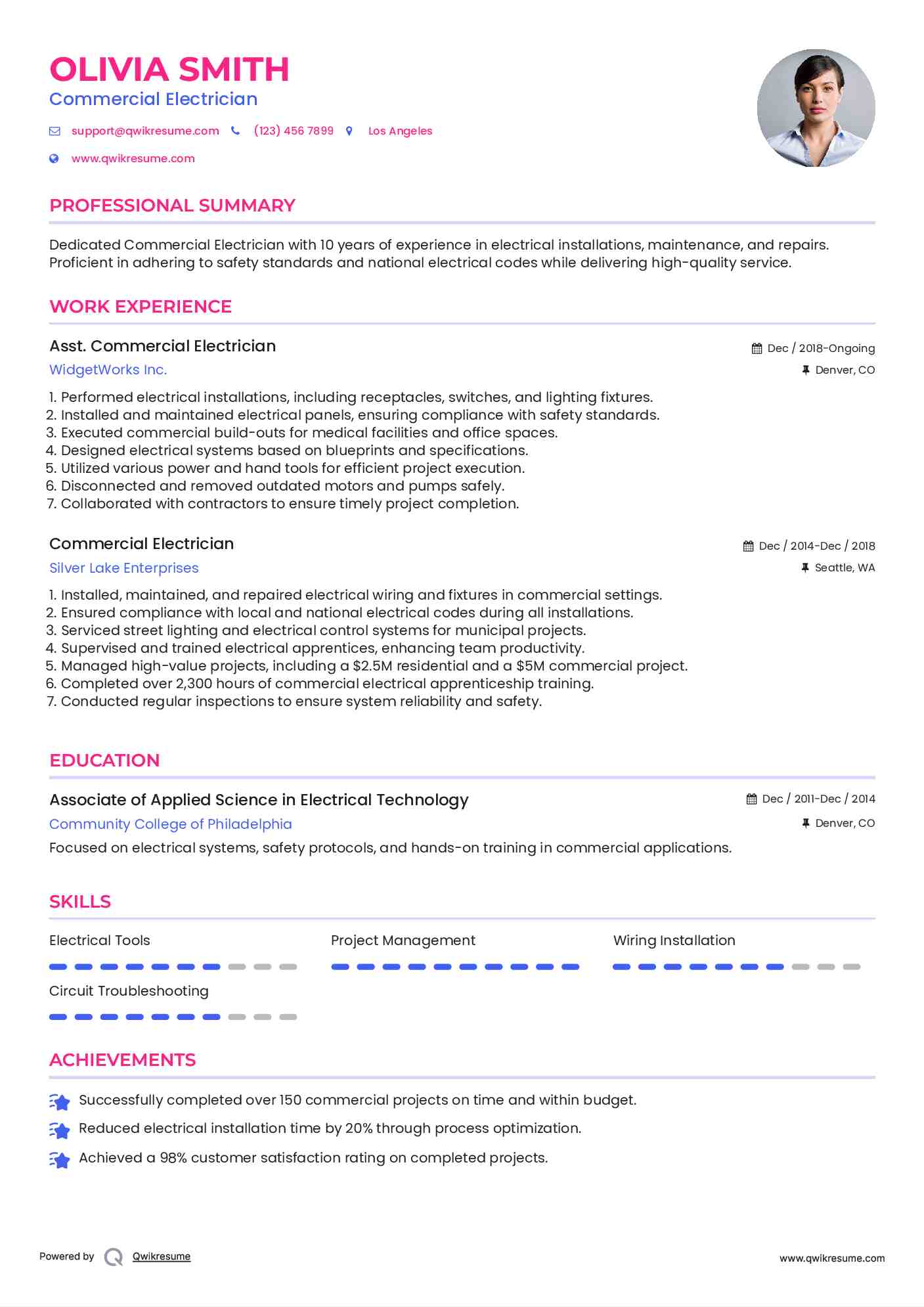 Asst. Commercial Electrician Resume Template