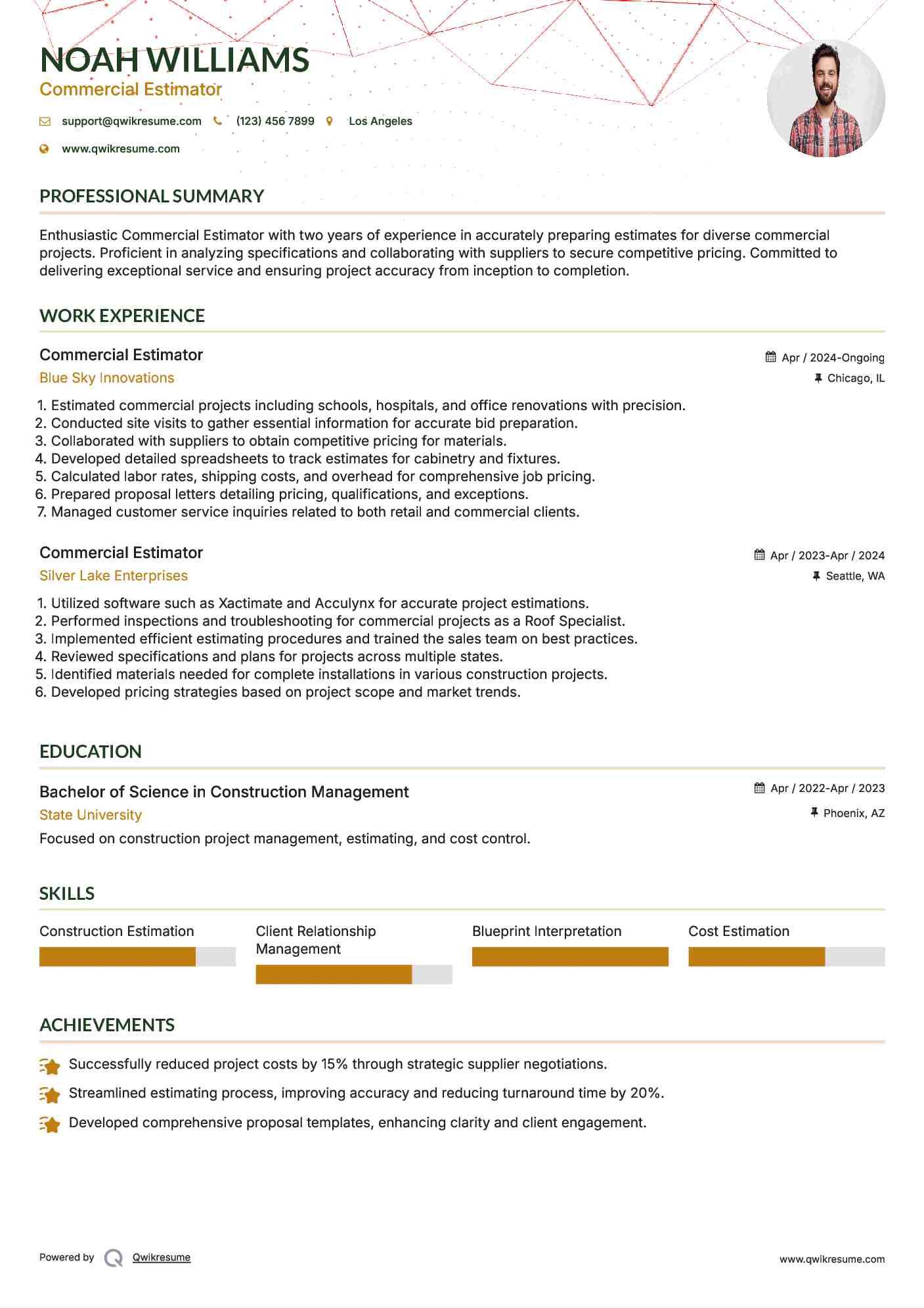 Commercial Estimator Resume Sample