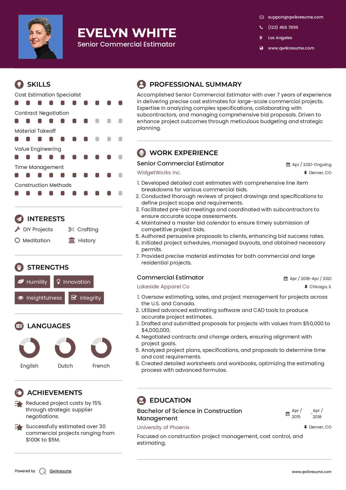 Senior Commercial Estimator Resume Example