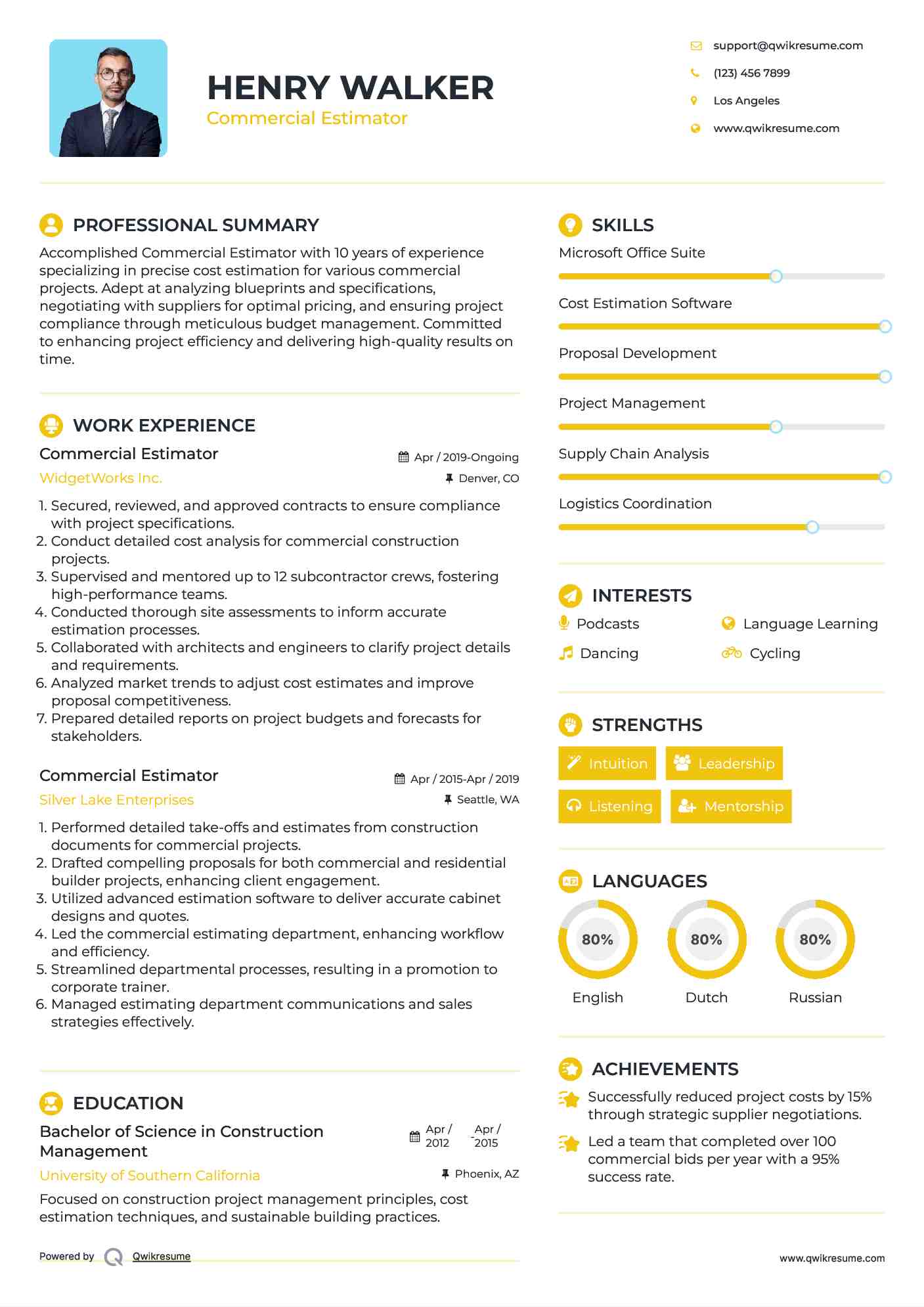 Commercial Estimator Resume Sample