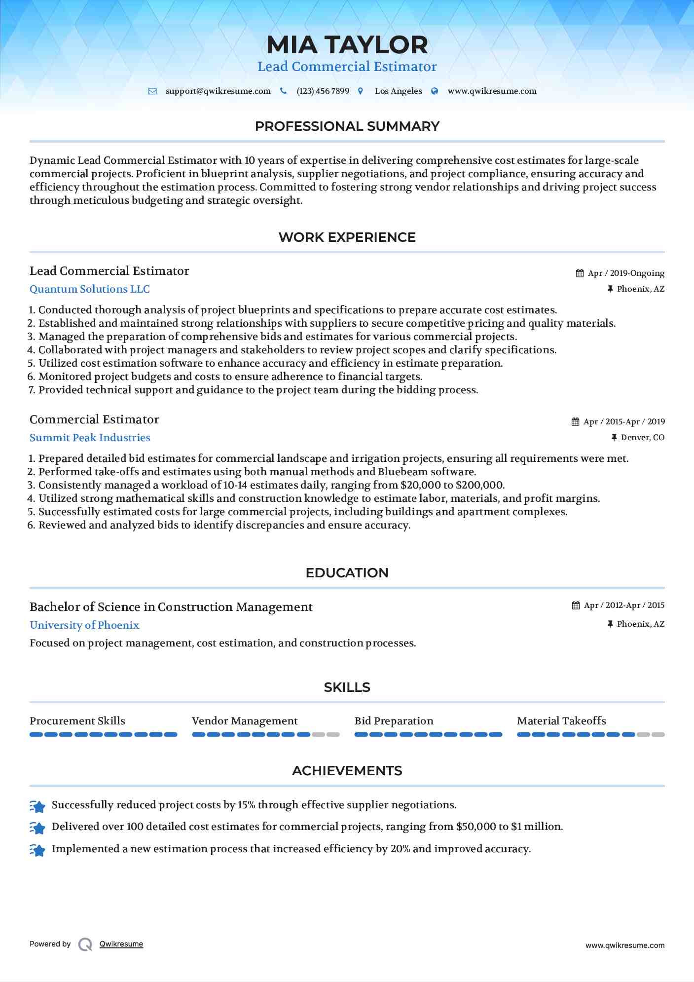 Lead Commercial Estimator Resume Sample