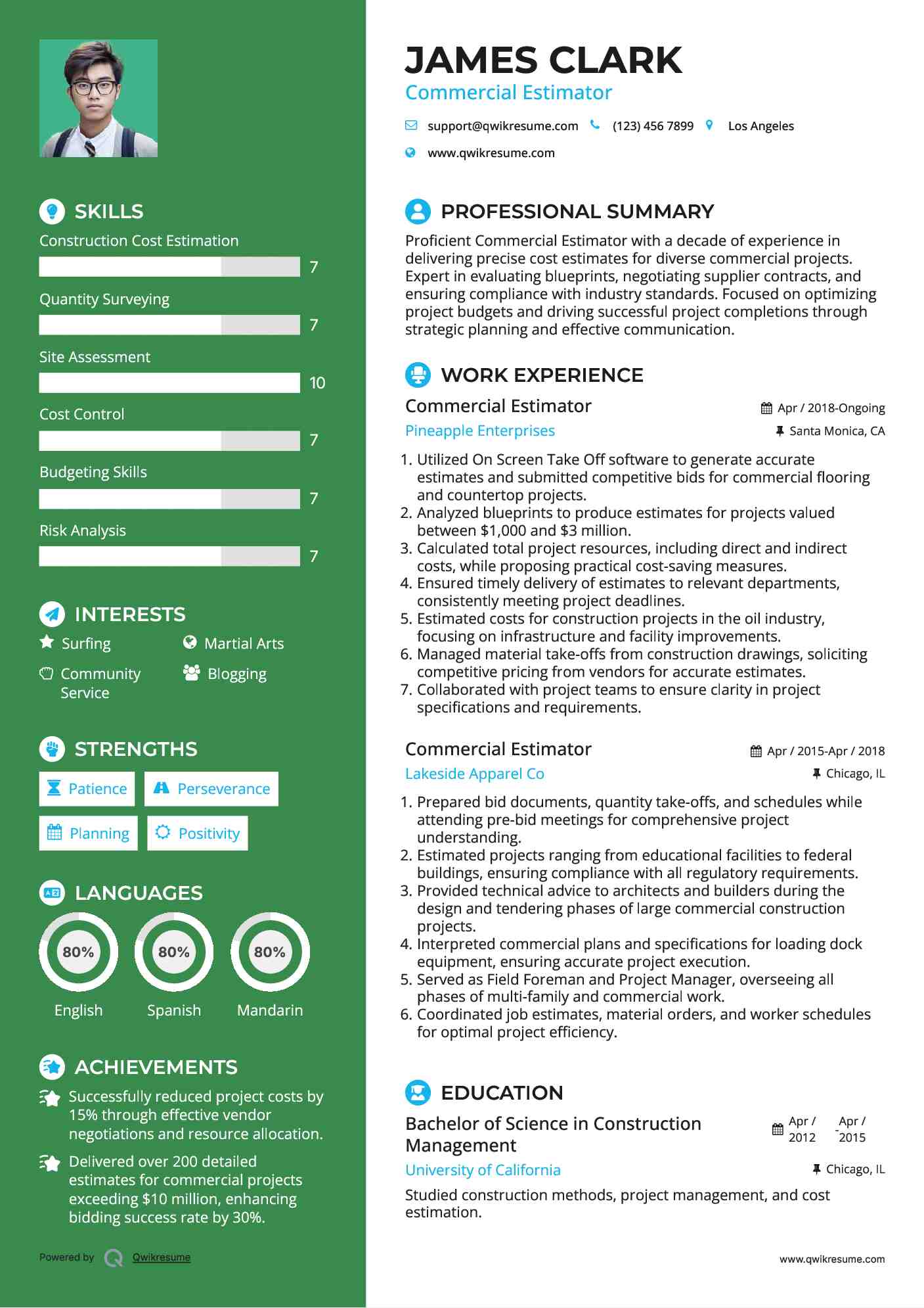 Commercial Estimator Resume Sample