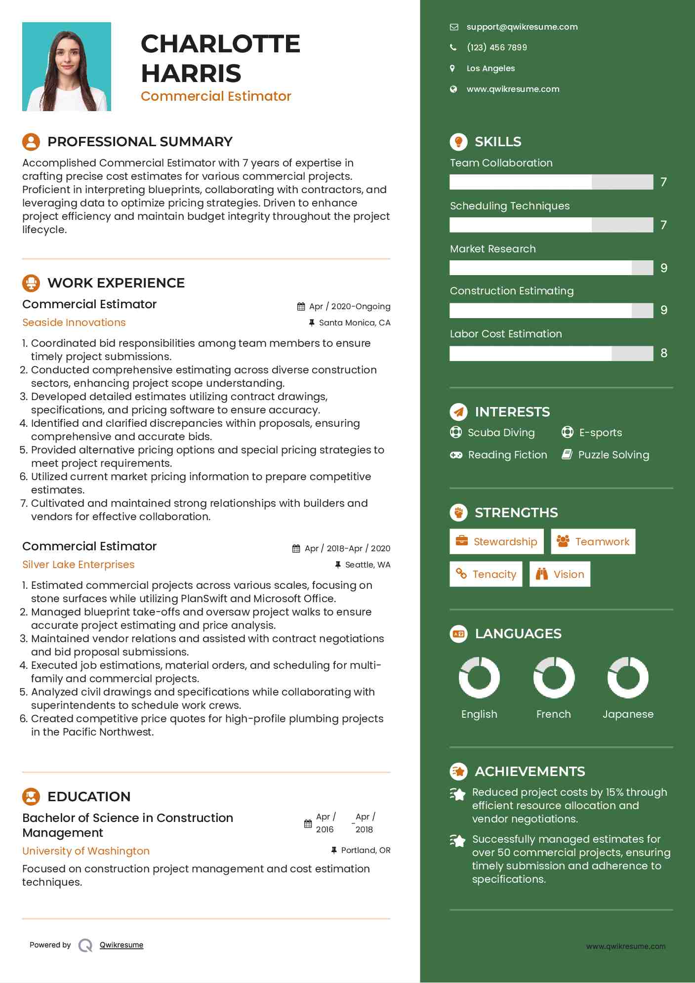 Commercial Estimator Resume Example