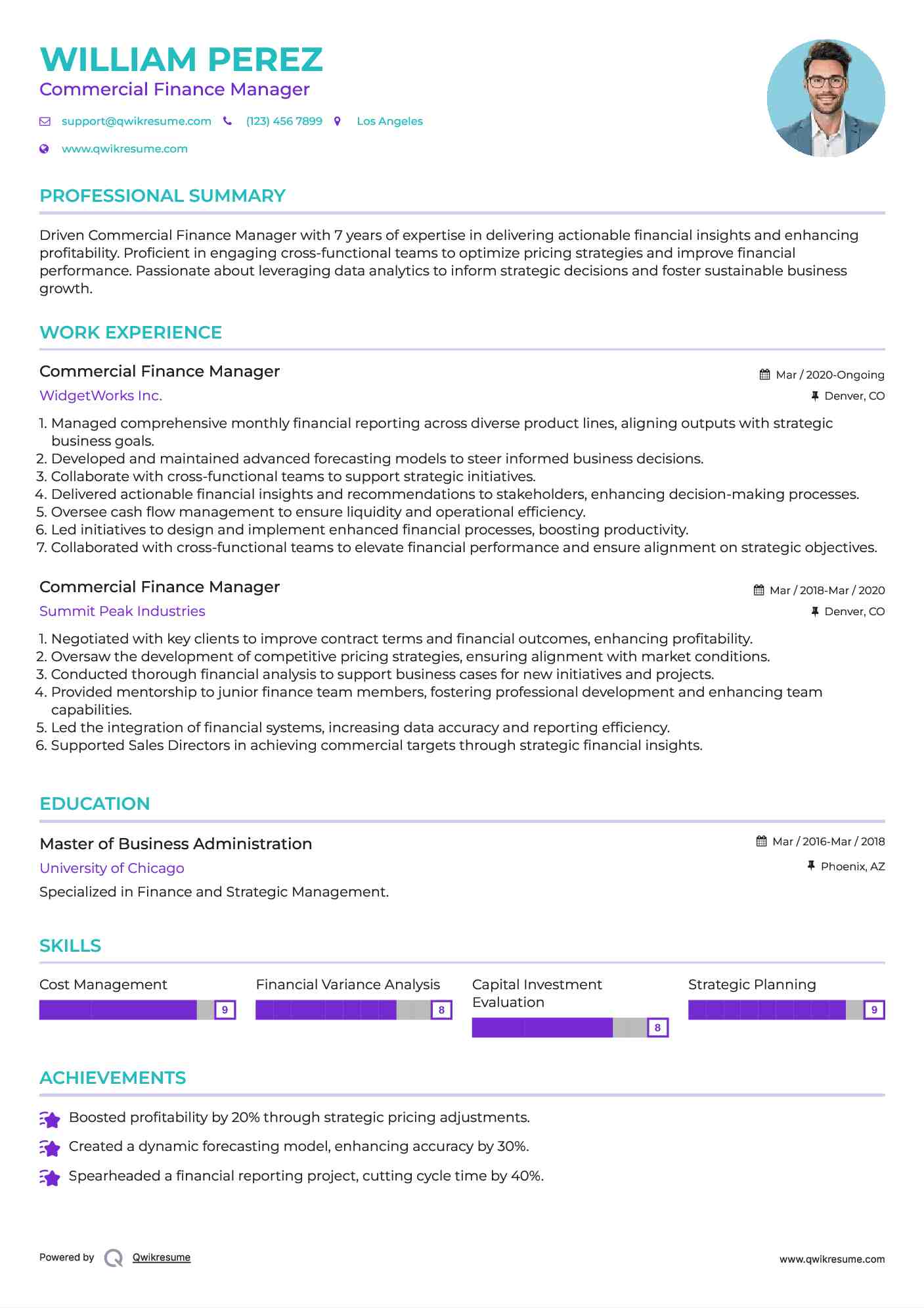 Commercial Finance Manager Resume Example