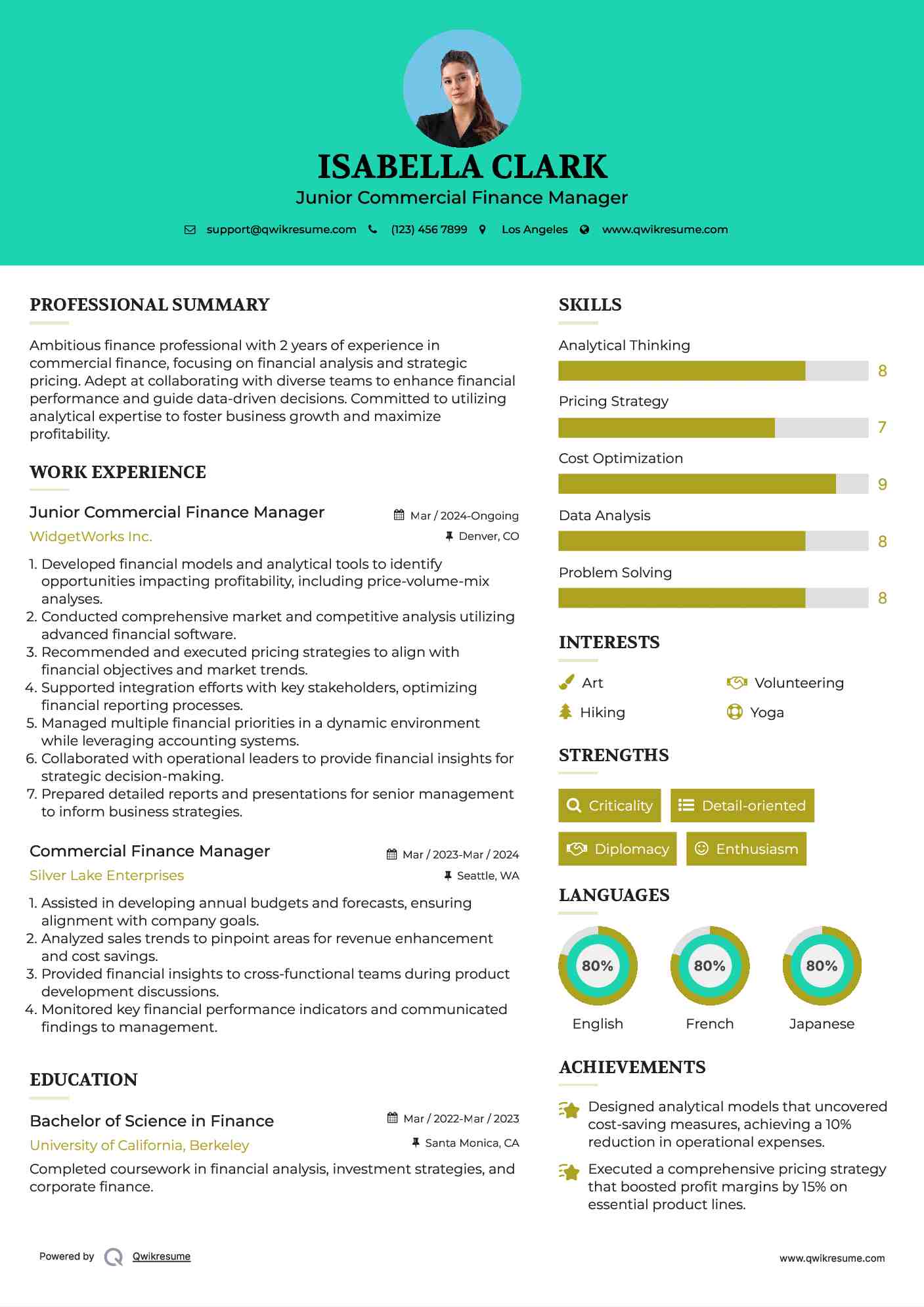 Junior Commercial Finance Manager Resume Template