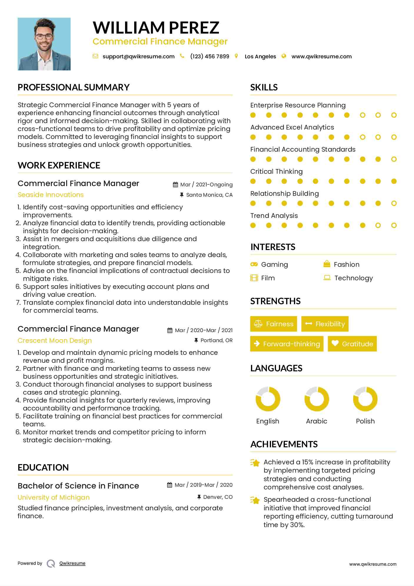 Commercial Finance Manager Resume Sample