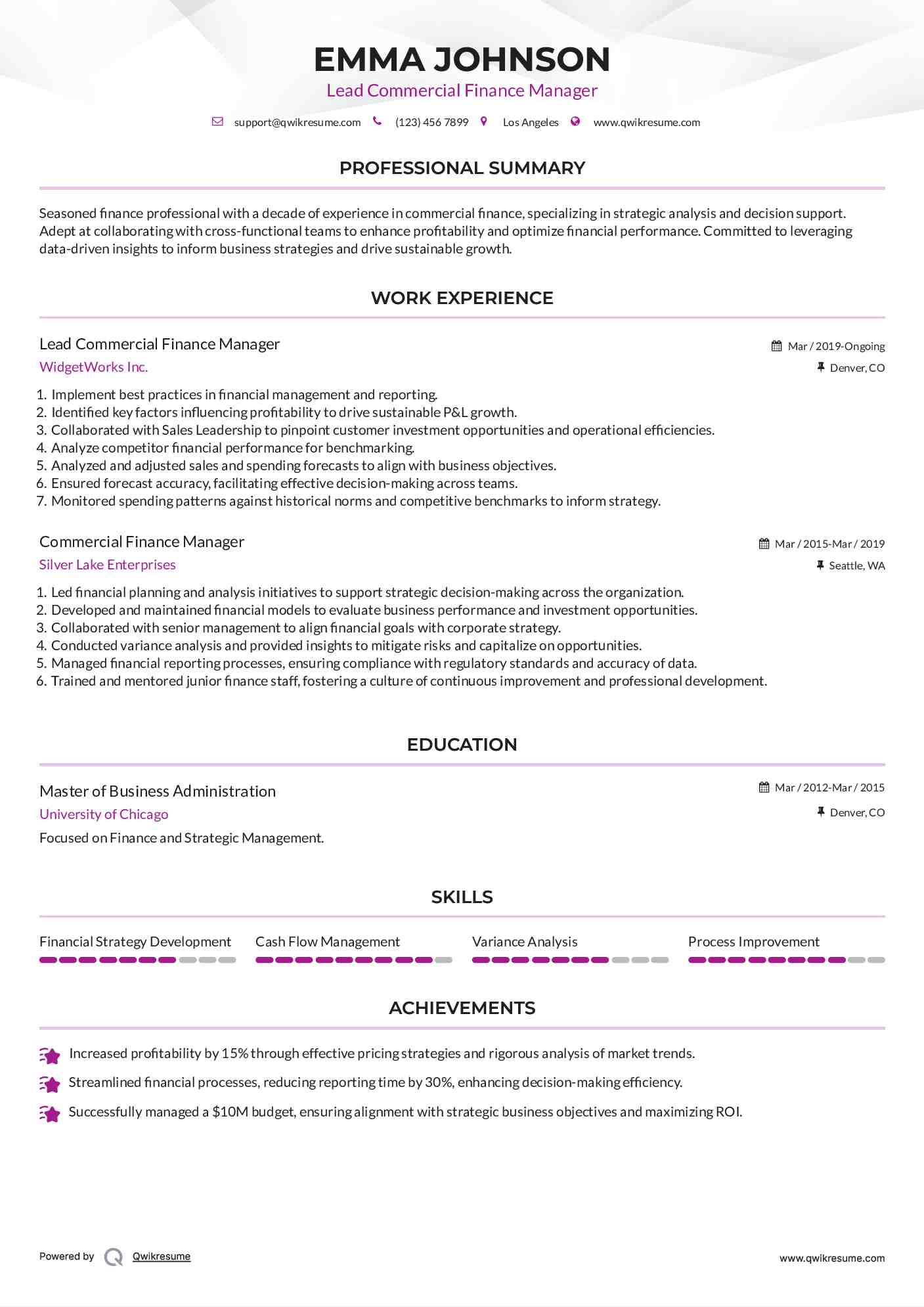 Lead Commercial Finance Manager Resume Template
