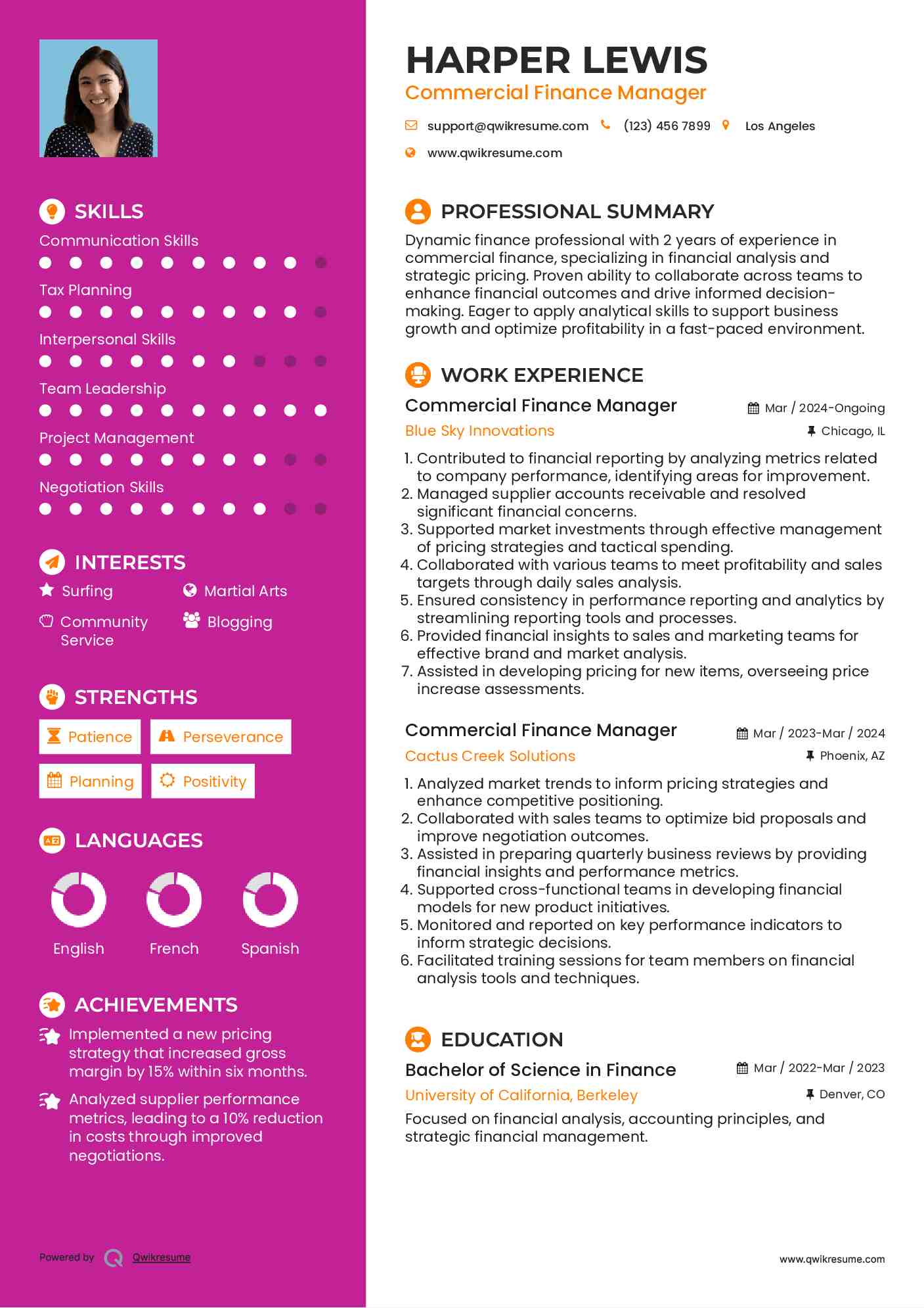 Commercial Finance Manager Resume Model