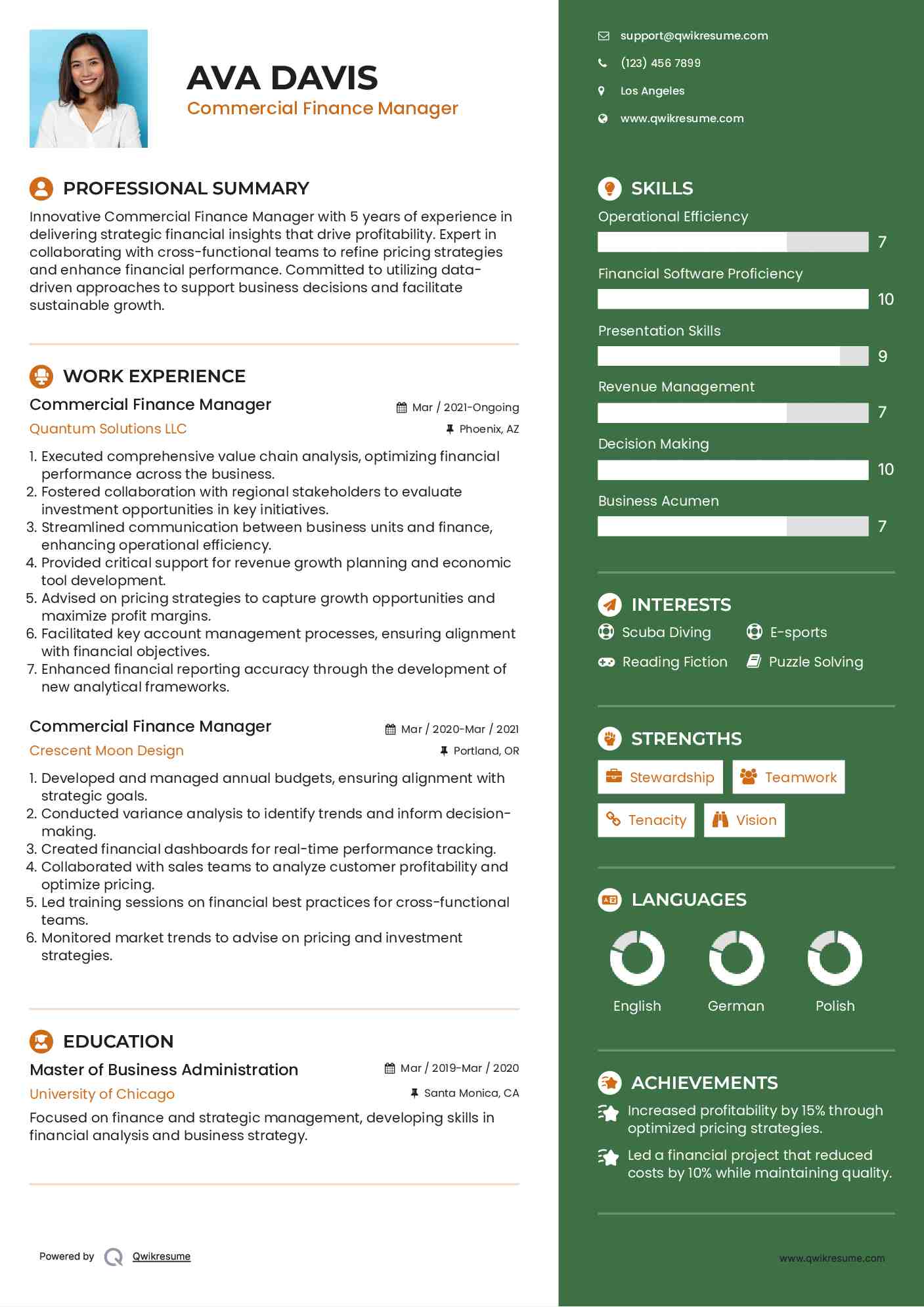 Commercial Finance Manager Resume Template