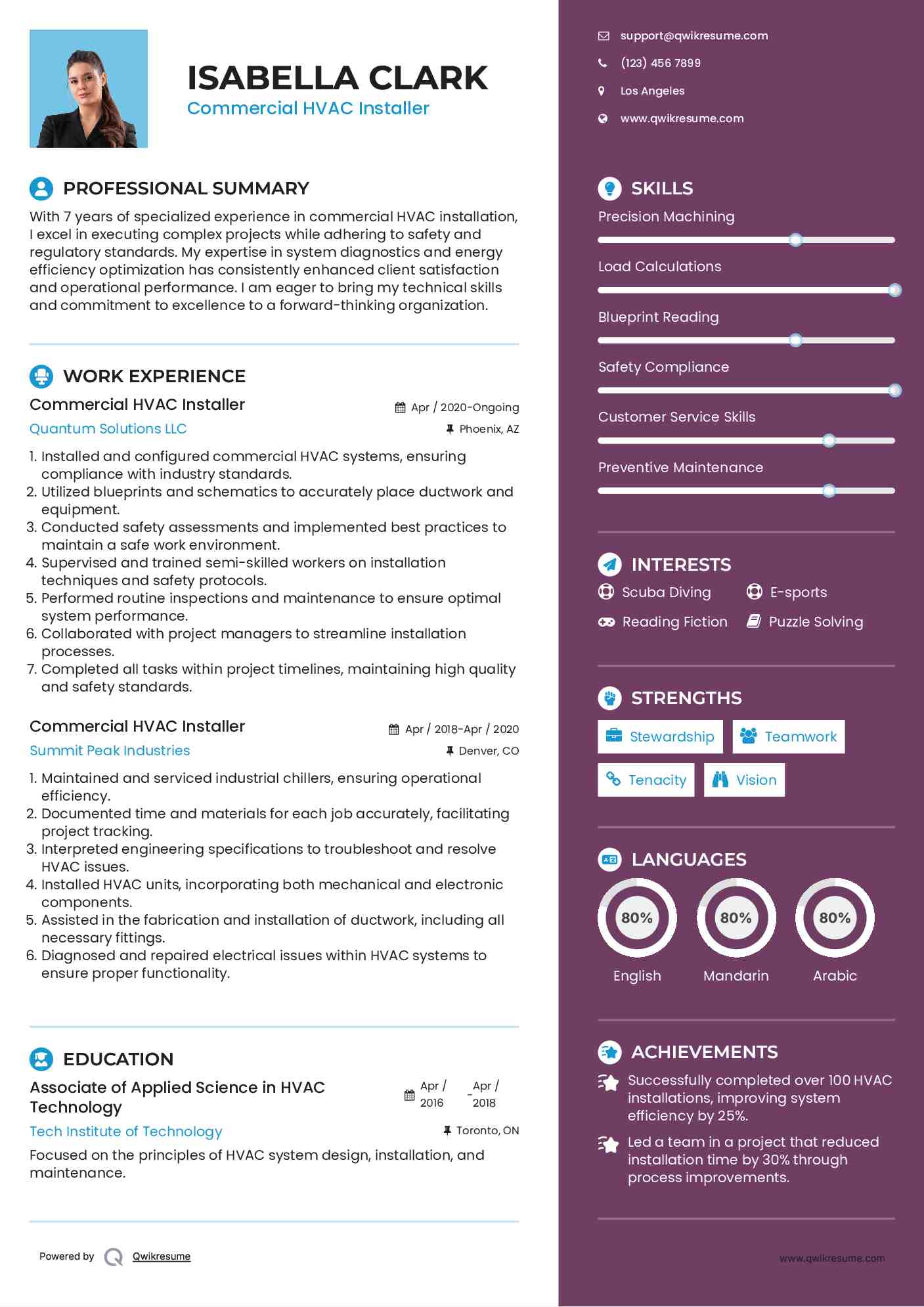 Commercial HVAC Installer Resume Sample