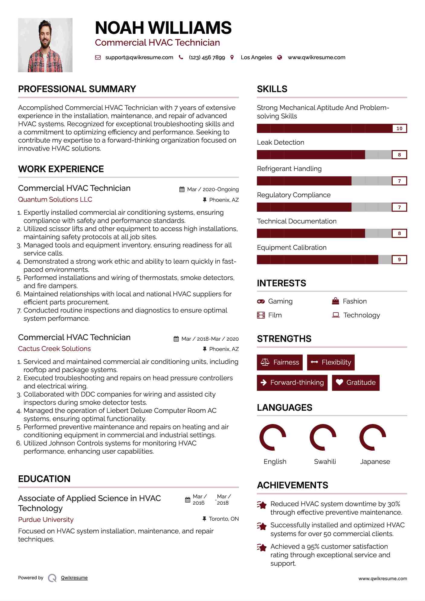 Commercial HVAC Technician Resume Sample