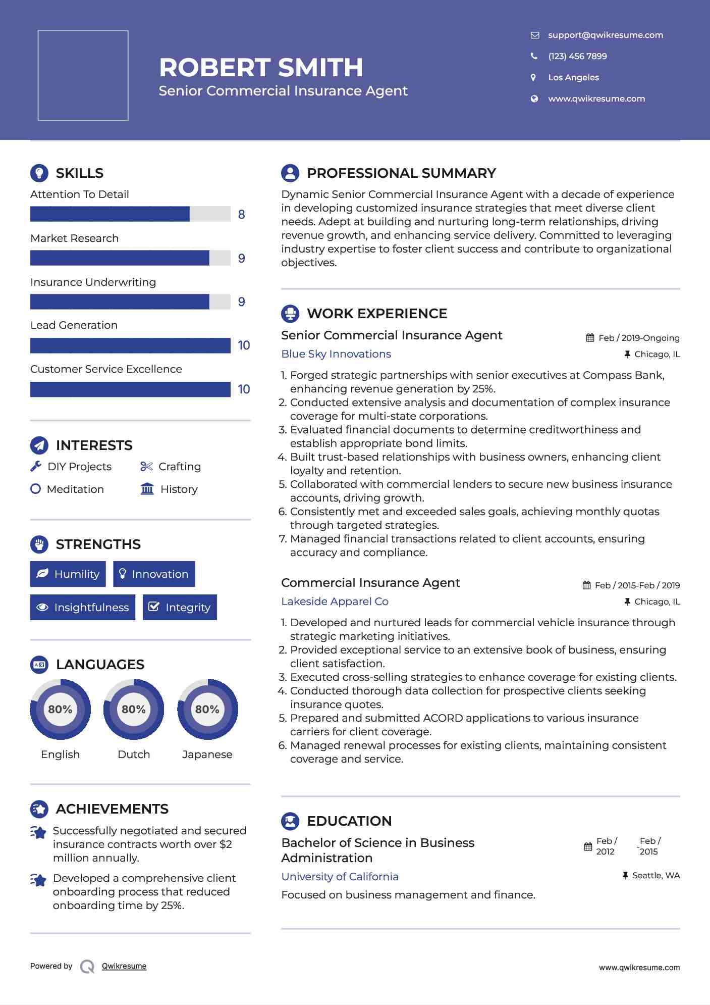 Senior Commercial Insurance Agent Resume Example