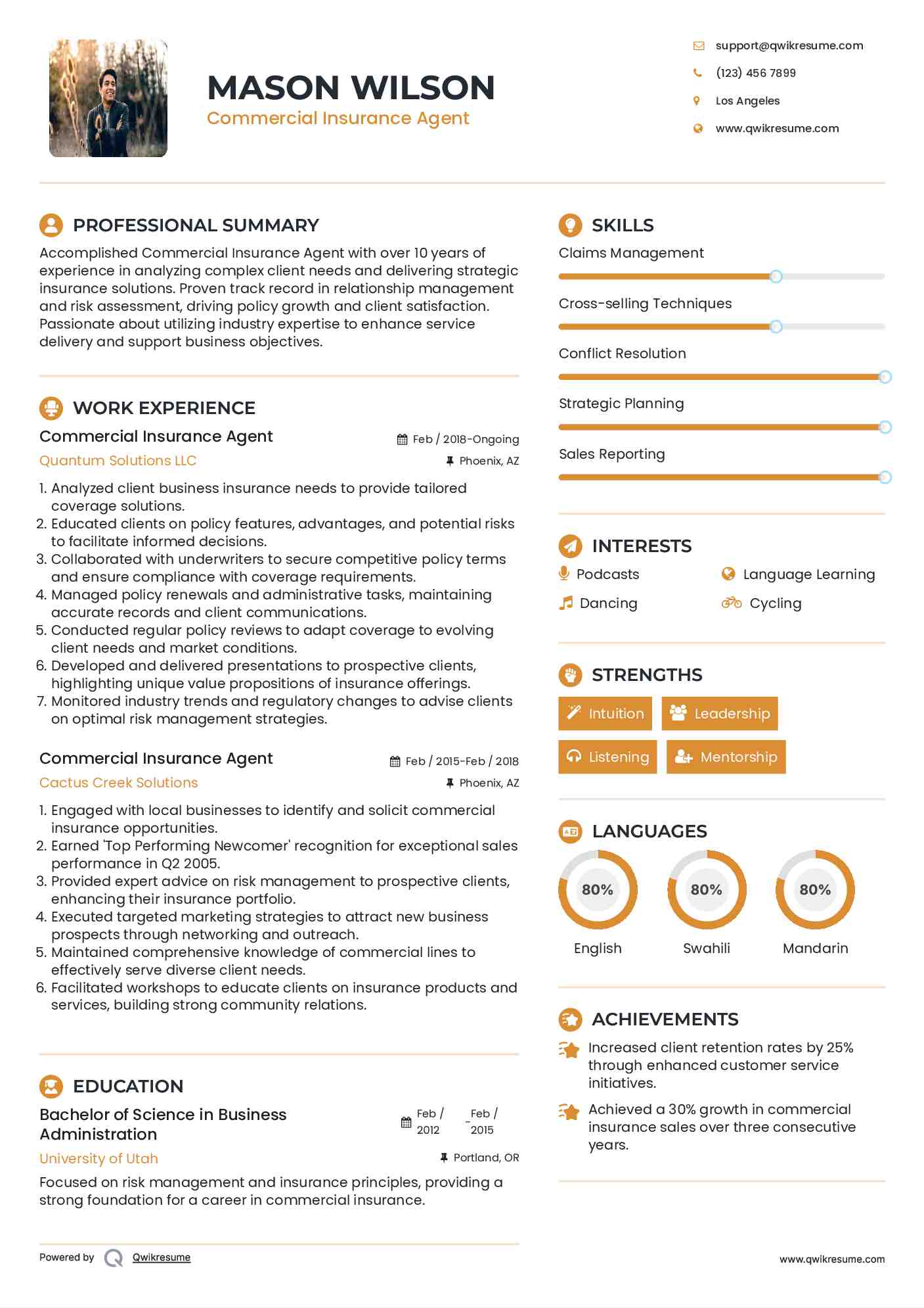 Commercial Insurance Agent Resume Format