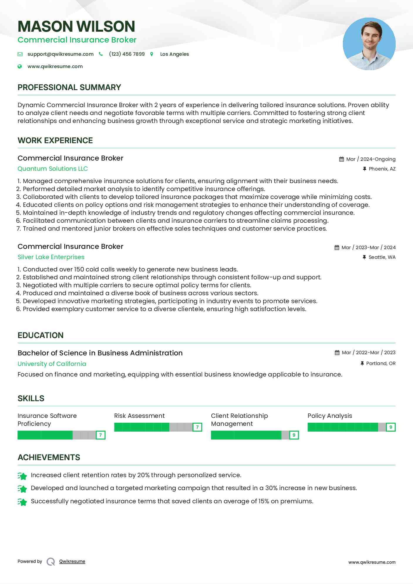 Commercial Insurance Broker Resume Model