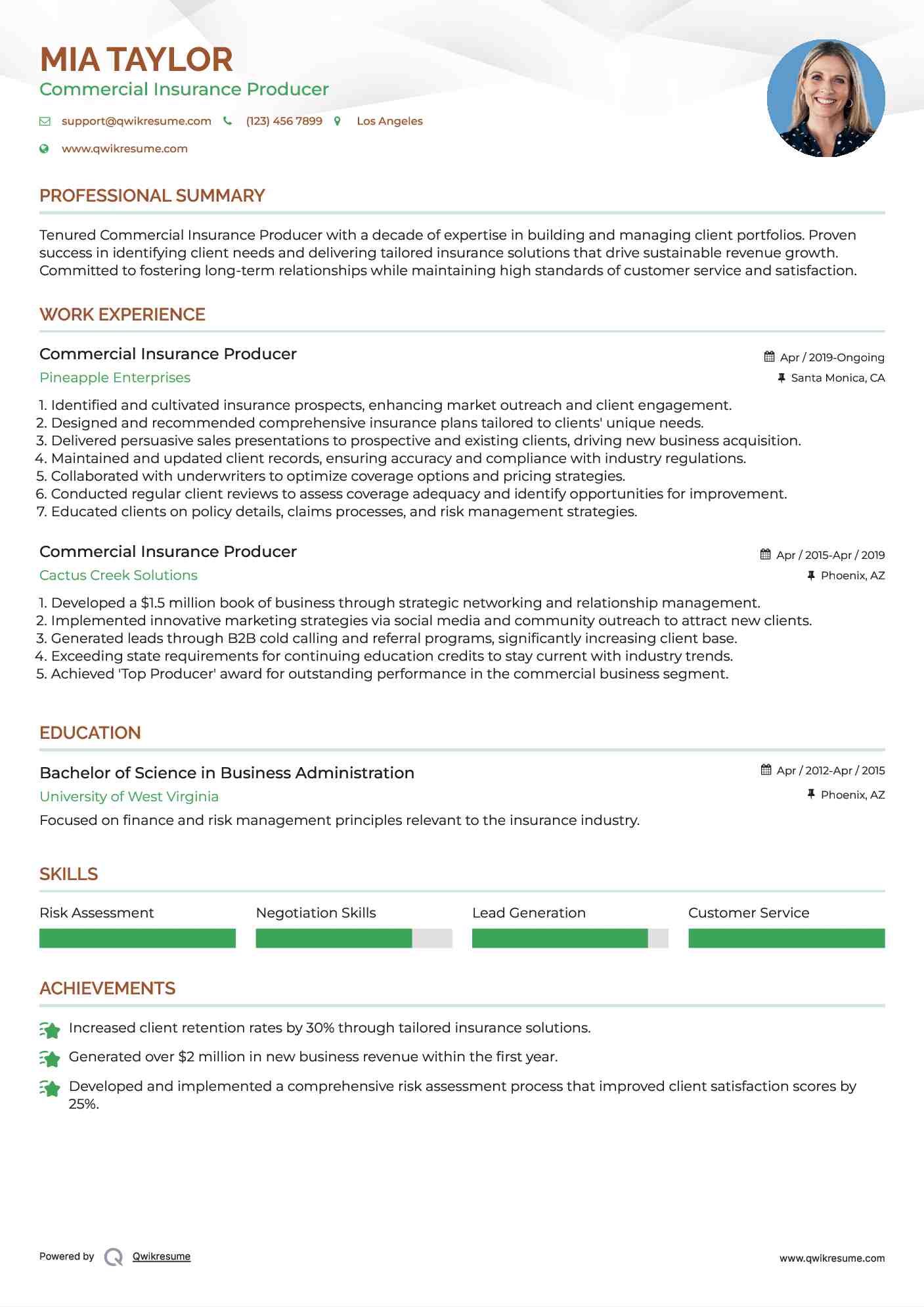 Commercial Insurance Producer Resume Example