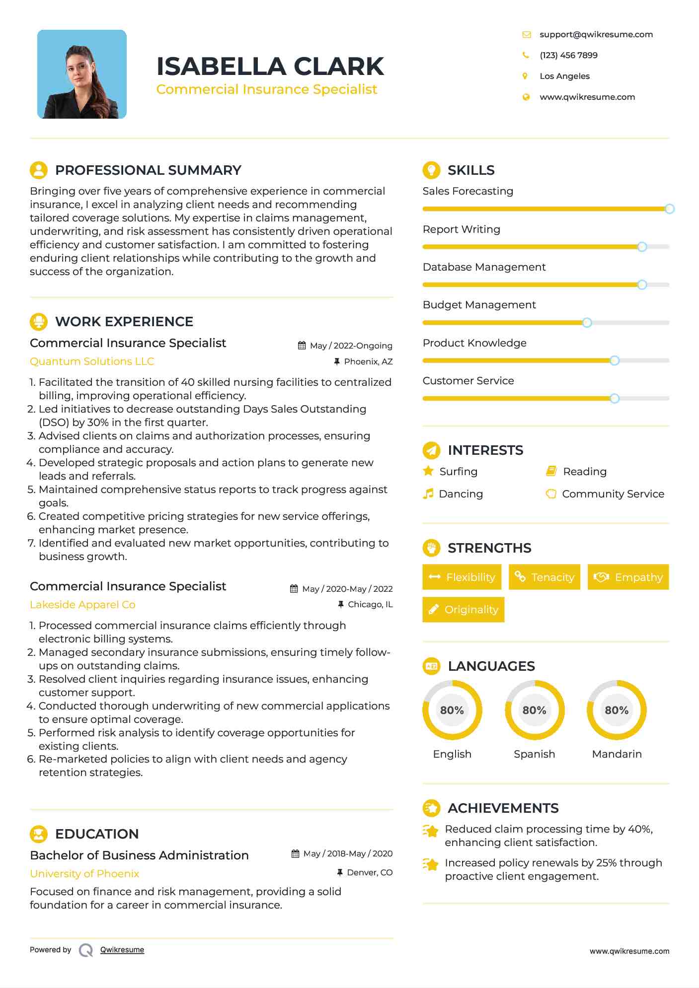 Commercial Insurance Specialist Resume Model