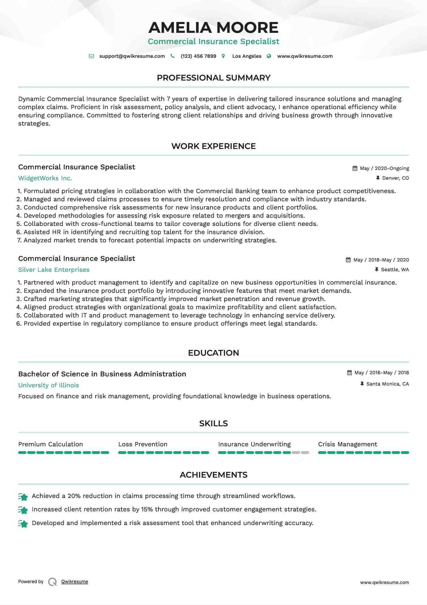 Commercial Insurance Specialist Resume Template