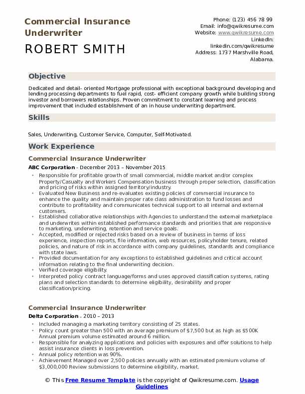 Commercial Insurance Underwriter Resume Samples QwikResume
