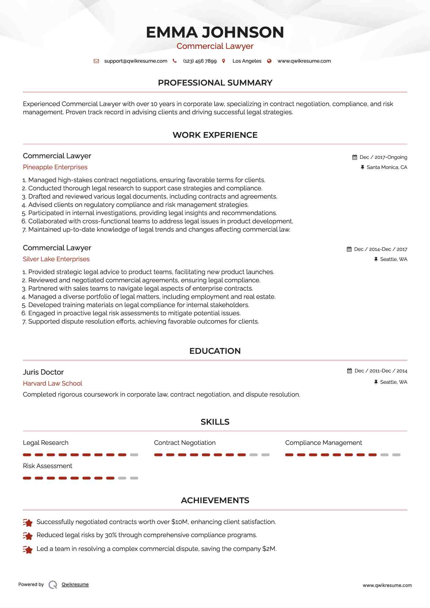 Commercial Lawyer Resume Example