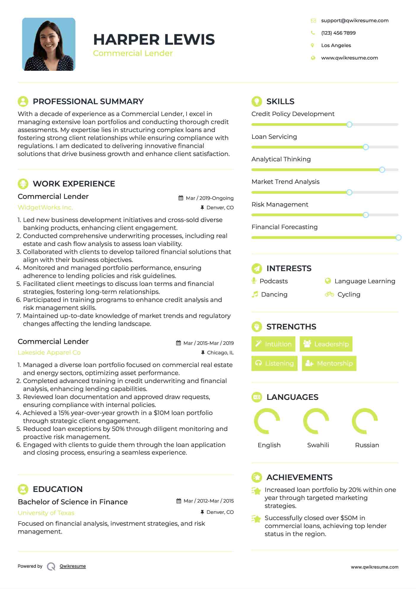 Commercial Lender Resume Template