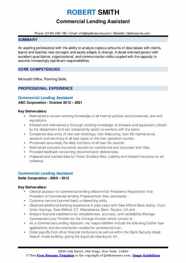 Commercial Lending Assistant Resume Samples QwikResume