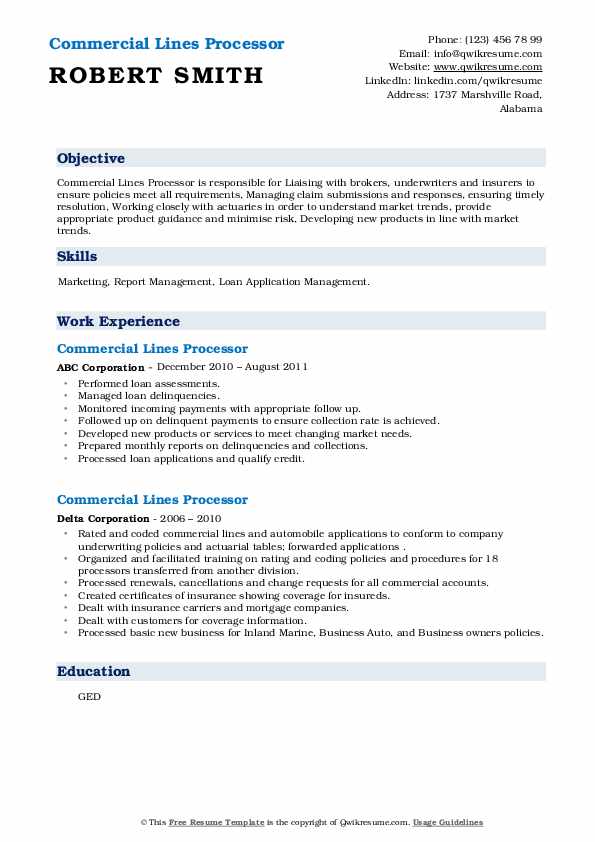 Commercial Lines Processor Resume Samples QwikResume