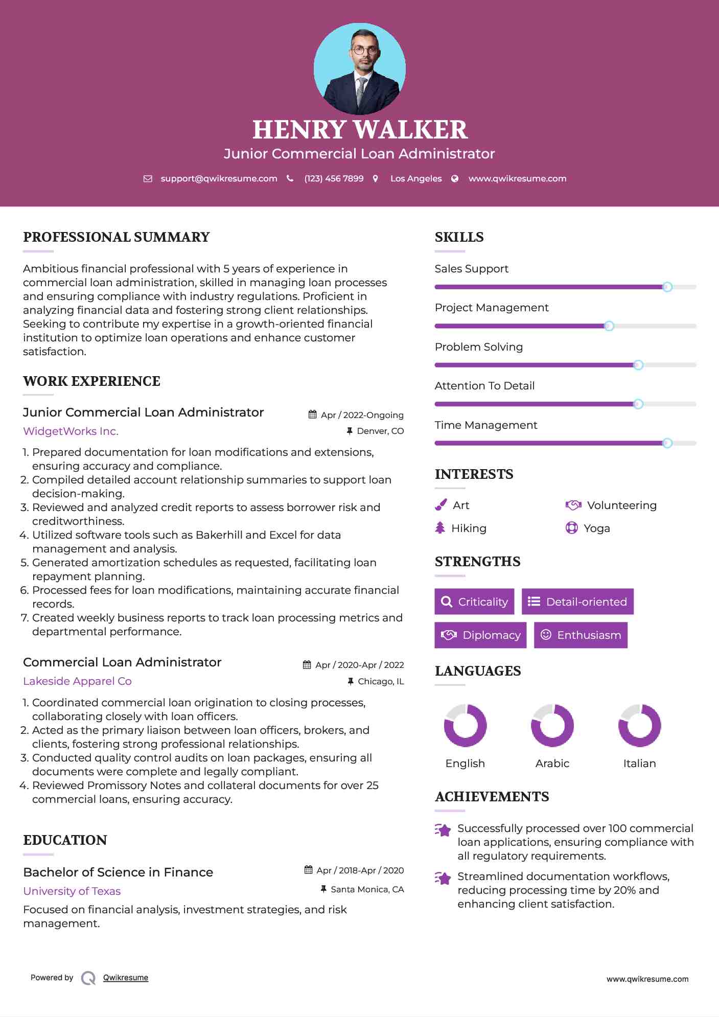 Junior Commercial Loan Administrator Resume Model