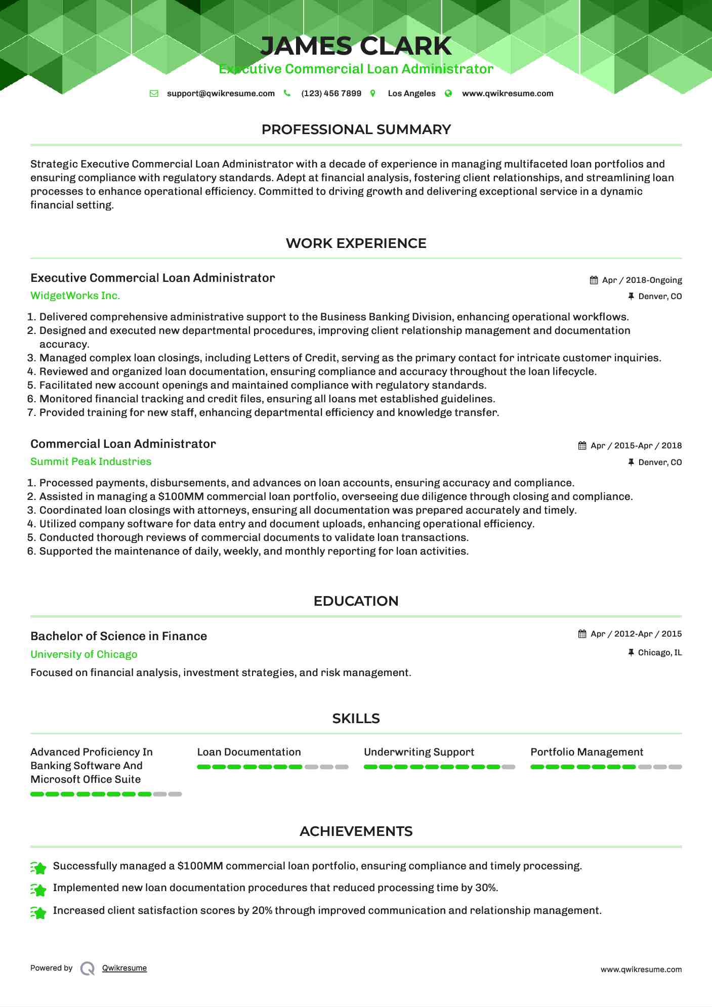Executive Commercial Loan Administrator Resume Example