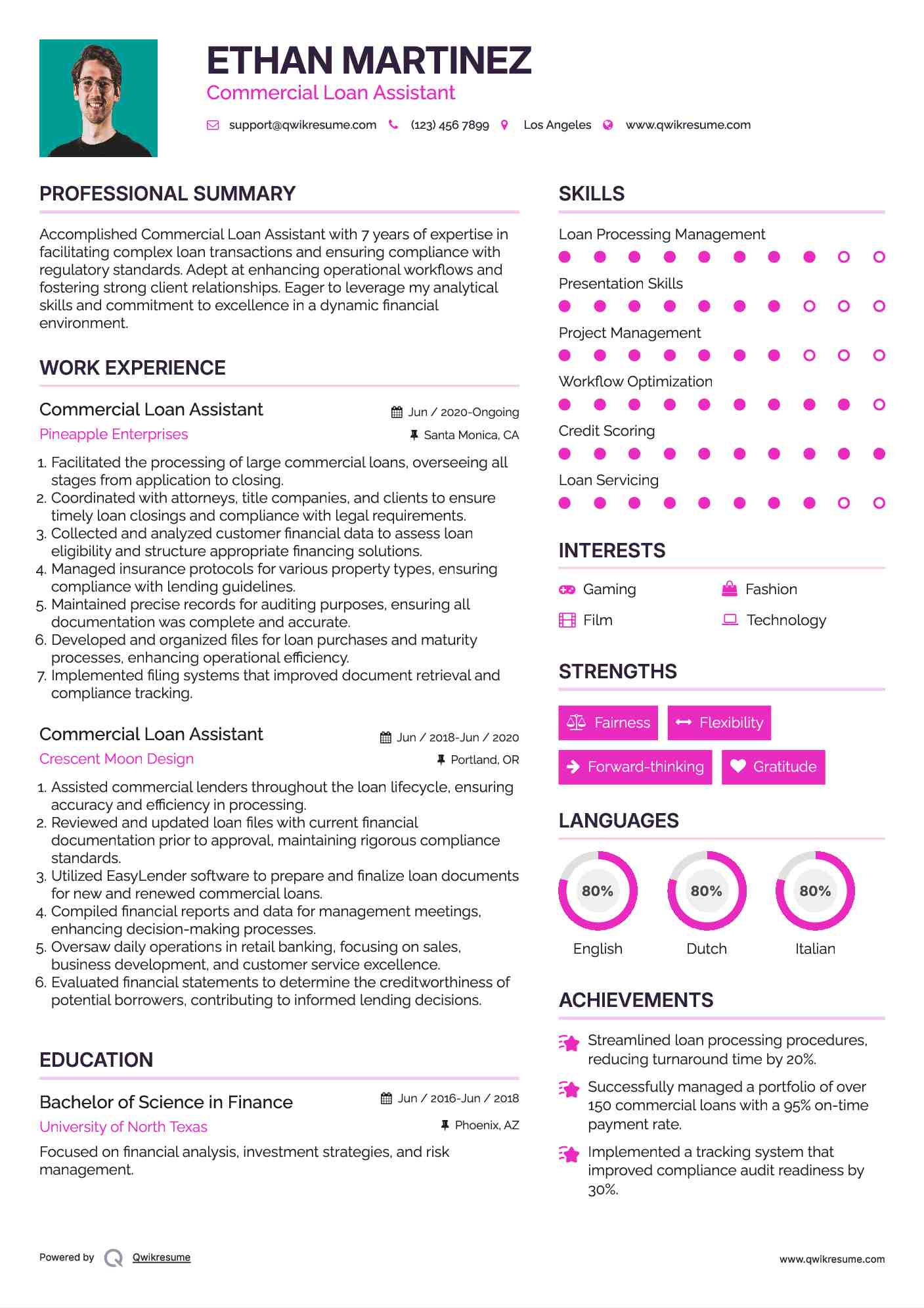 Commercial Loan Assistant Resume Sample