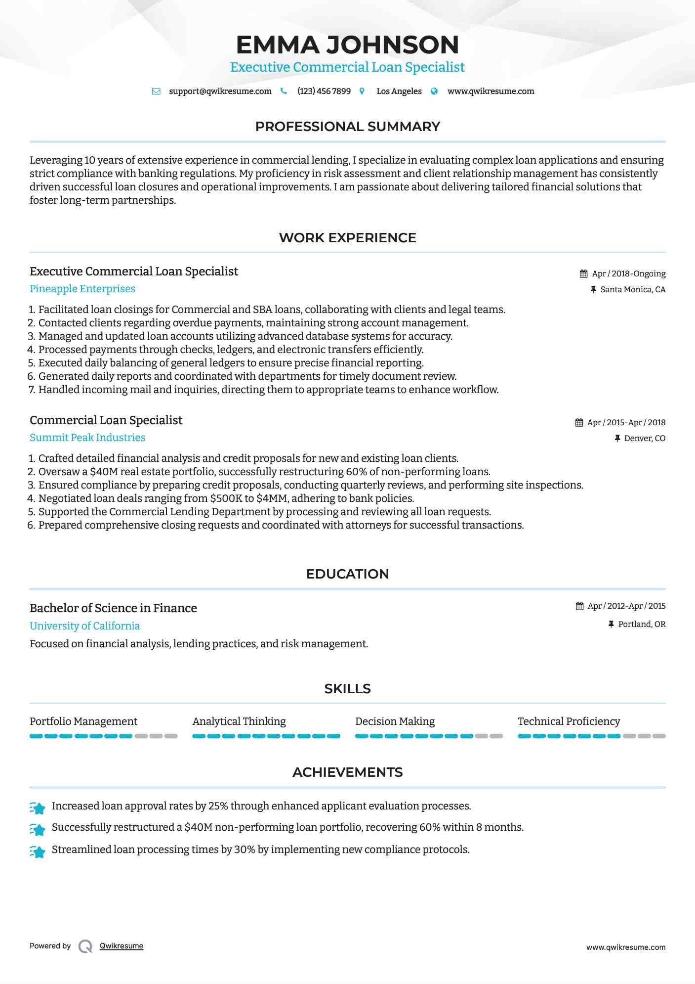Executive Commercial Loan Specialist Resume Format