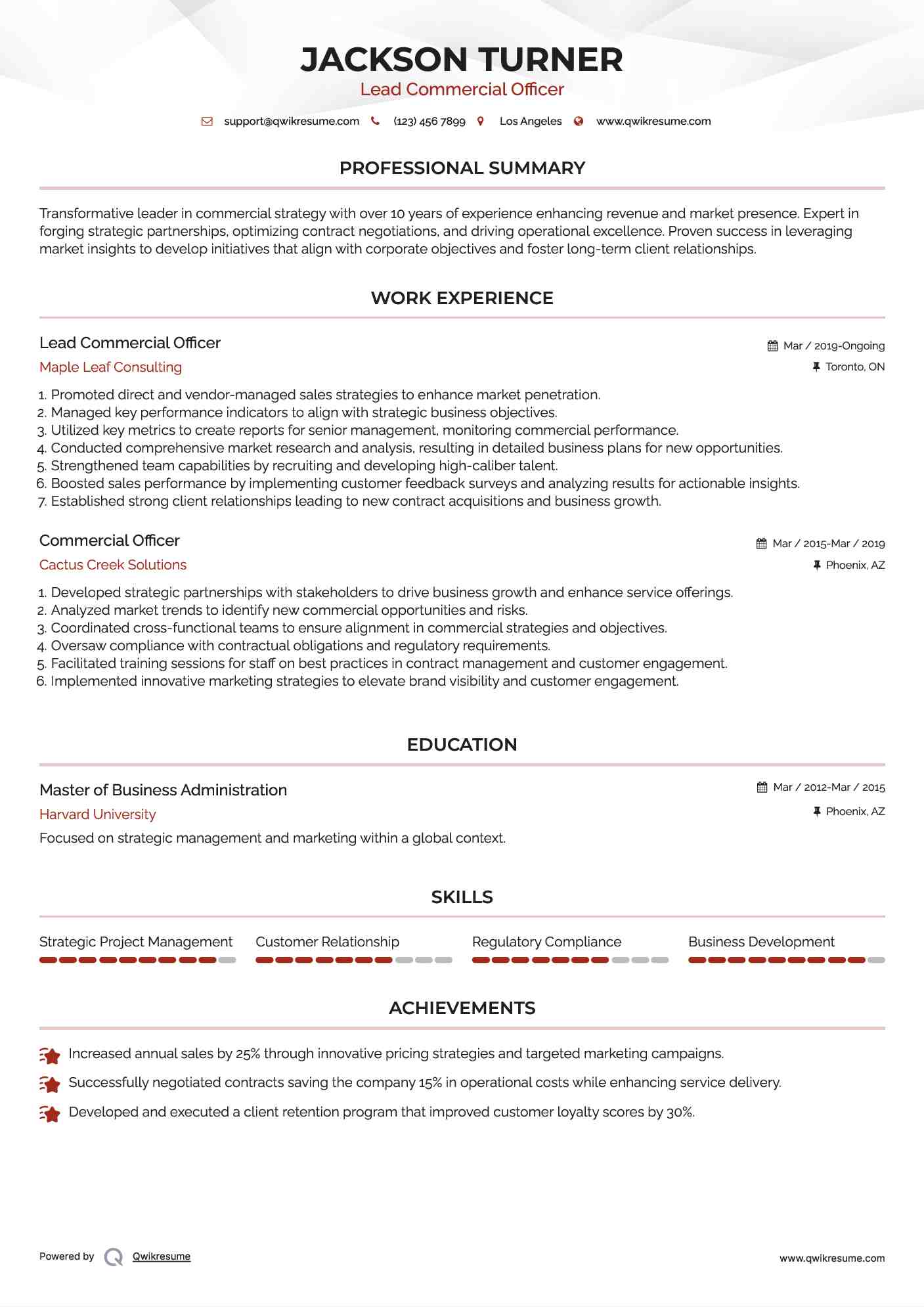 Lead Commercial Officer Resume Format