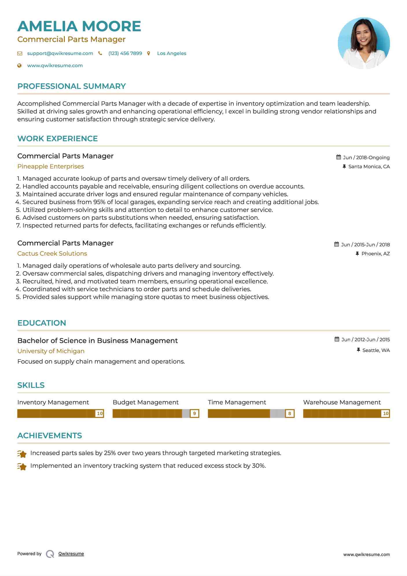 Commercial Parts Manager Resume Samples QwikResume