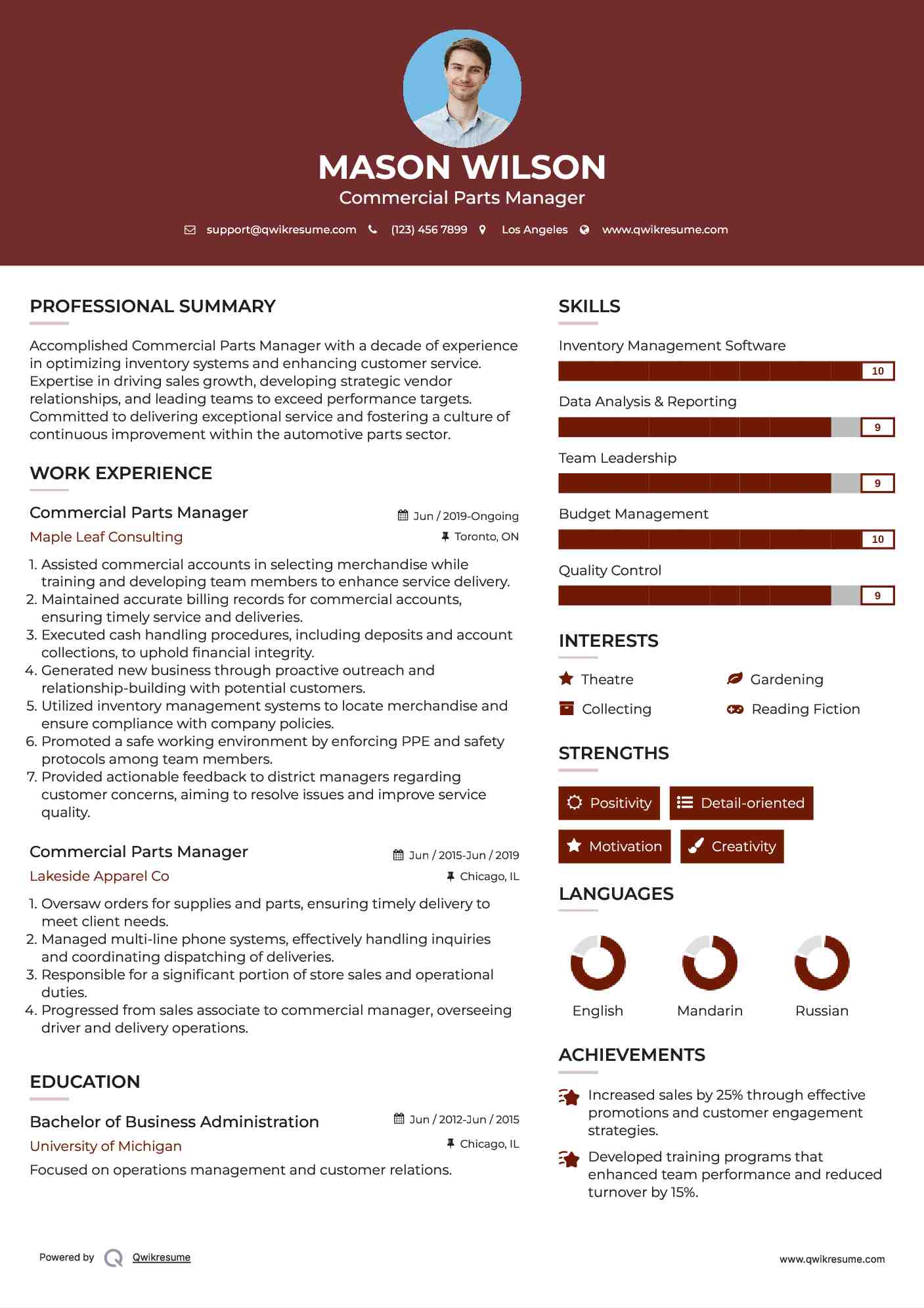 Commercial Parts Manager Resume Sample
