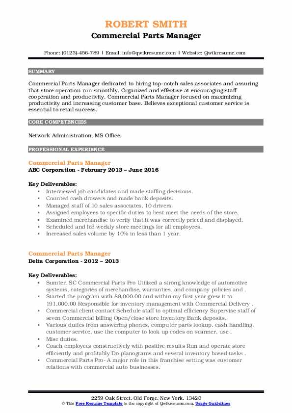 Commercial Parts Manager Resume Samples QwikResume