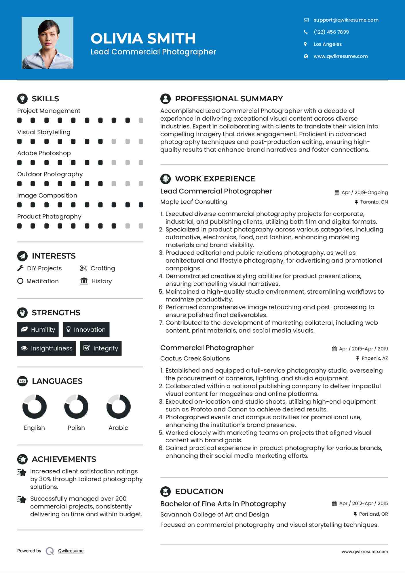 Lead Commercial Photographer Resume Format