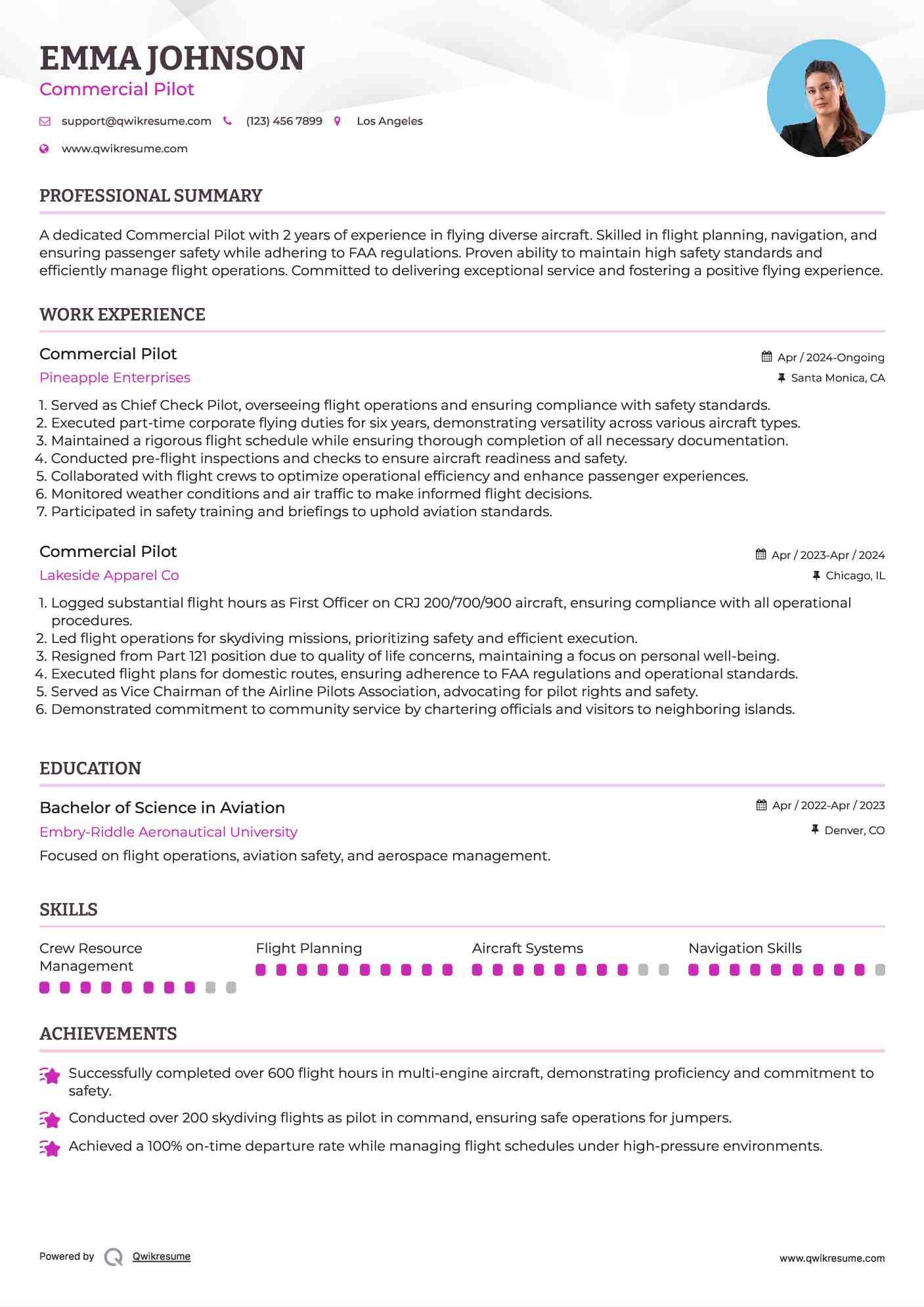 Commercial Pilot Resume Sample