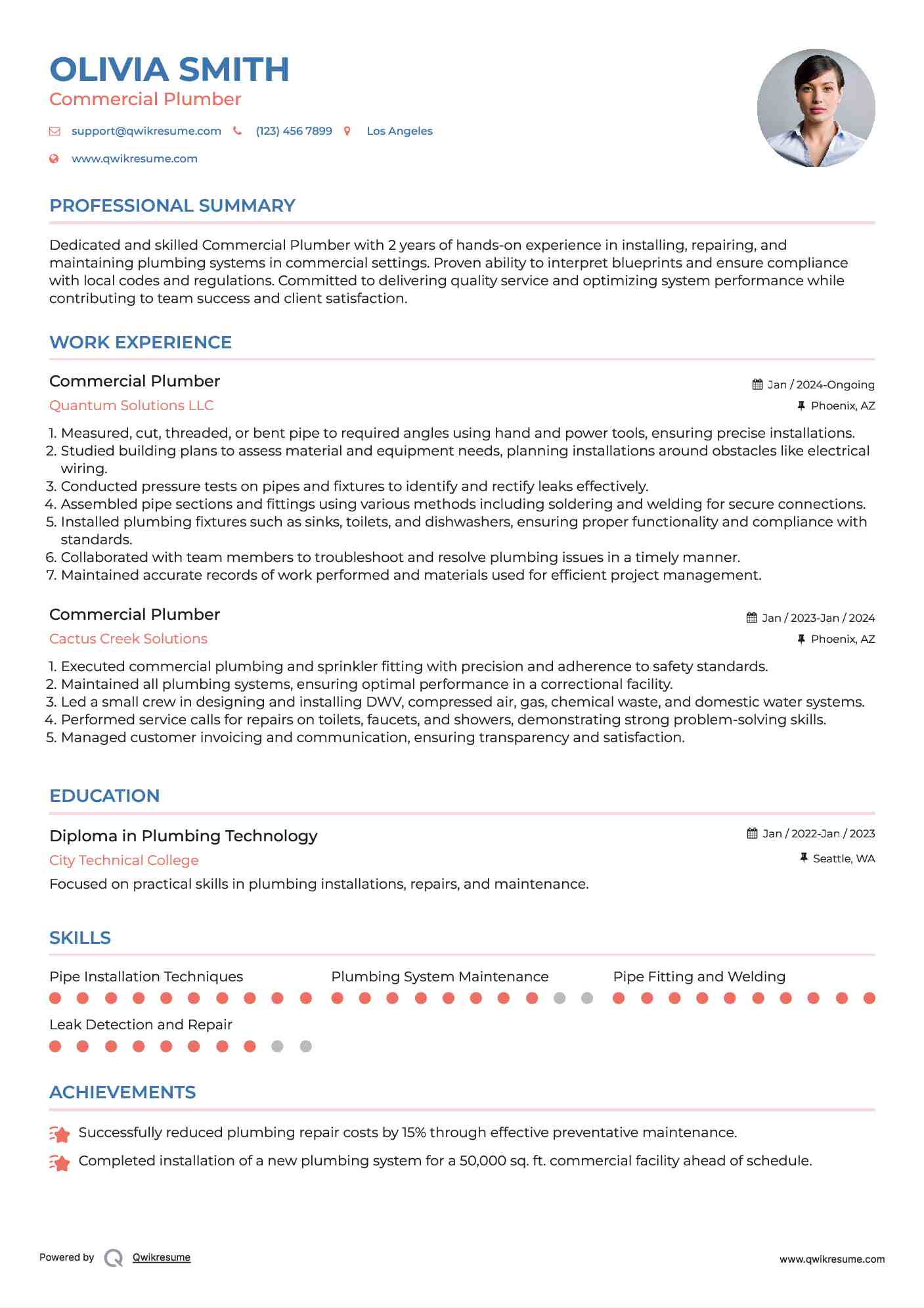 Commercial Plumber Resume Sample